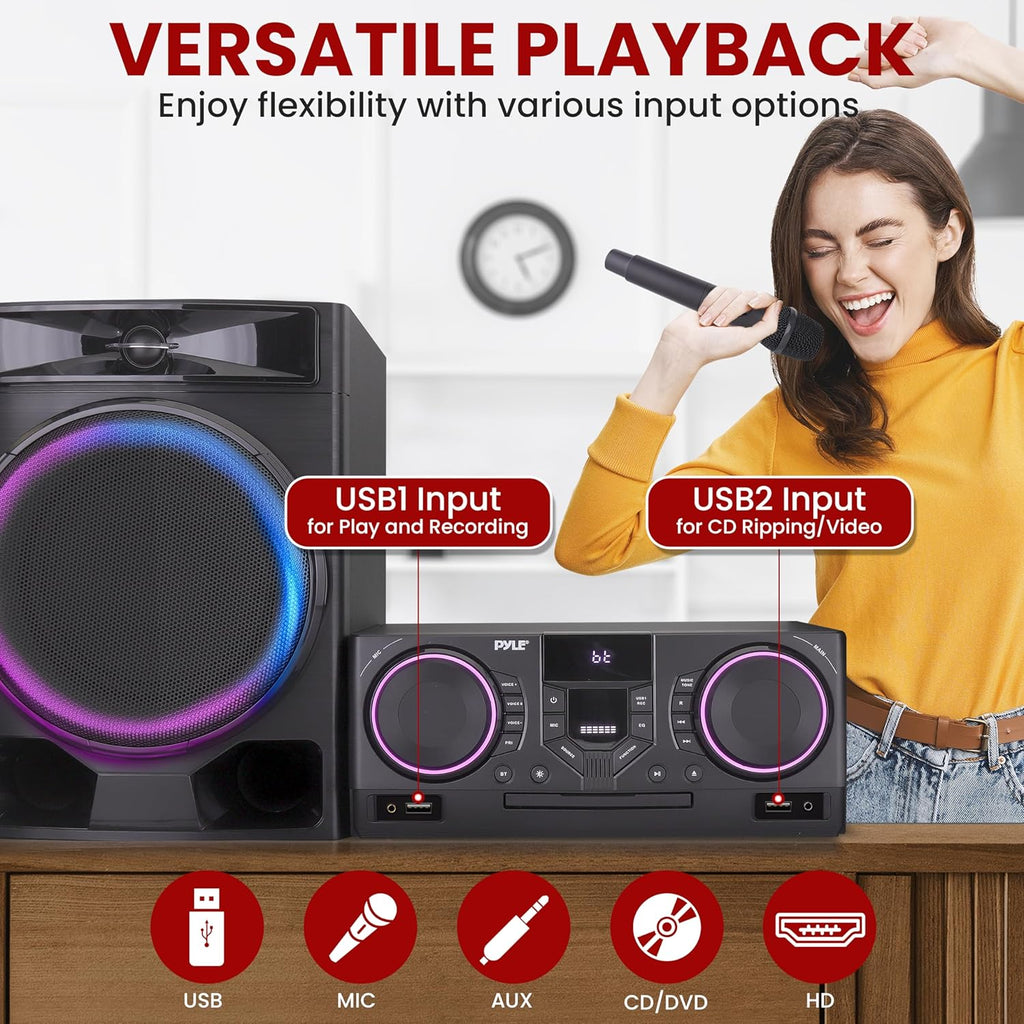 Pyle Mini Hi-Fi Bluetooth Stereo System – 4-Piece CD Player with Speakers, MP3, FM Radio, USB Recording, Subwoofer, DSP-Tech, Equalizer Settings, Compact Home Stereo System with Remote Control (Black)