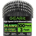 GEARit Cat 6 Ethernet Cable Pack - 100-Pack 3 ft Cat6 Ethernet Patch Cables | RJ45 Network Patch Cable, 10 Gbps Snagless Gold-Plated Connectors - Ethernet Cable Cat 6 for PC, TV, Router - Black