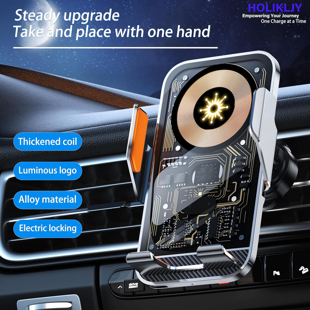 Wireless Car Charger Holder, 15W Fast Charging Car Phone Holder Charger Auto-Clamping 360° Rotation Adjustable Air Vent Phone Mount Car Charger with Luminous Logo for iPhone 16 15 14 13 S24 S23 S22