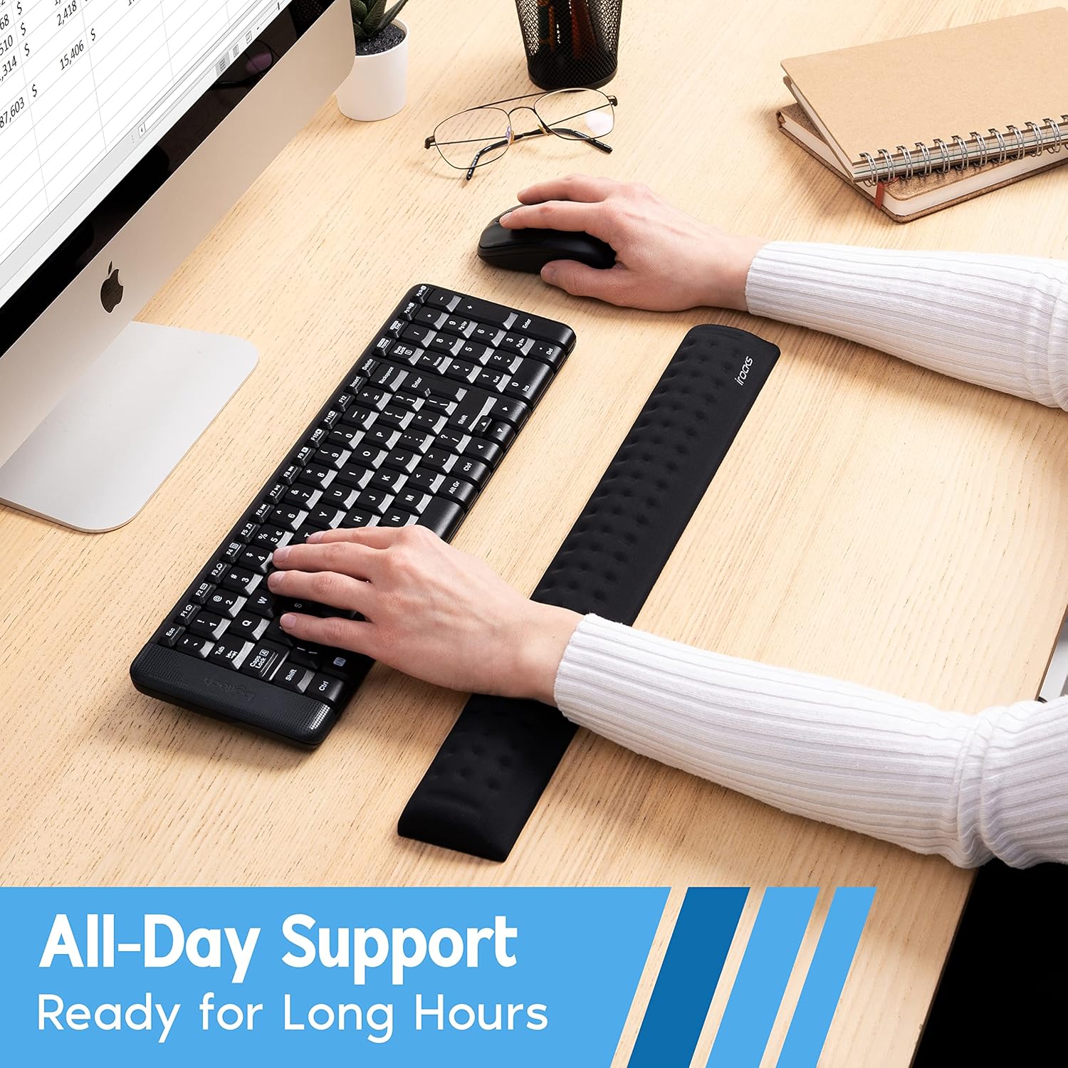 i-Rocks Memory Foam Keyboard Wrist Rest - Pain-Reducing, Non-Slip Rubber Base Wrists Rest Support - Cooling Ergonomic Laptop & Computer Keyboard Pad for Long Hours of Work, Studying, Gaming - Black