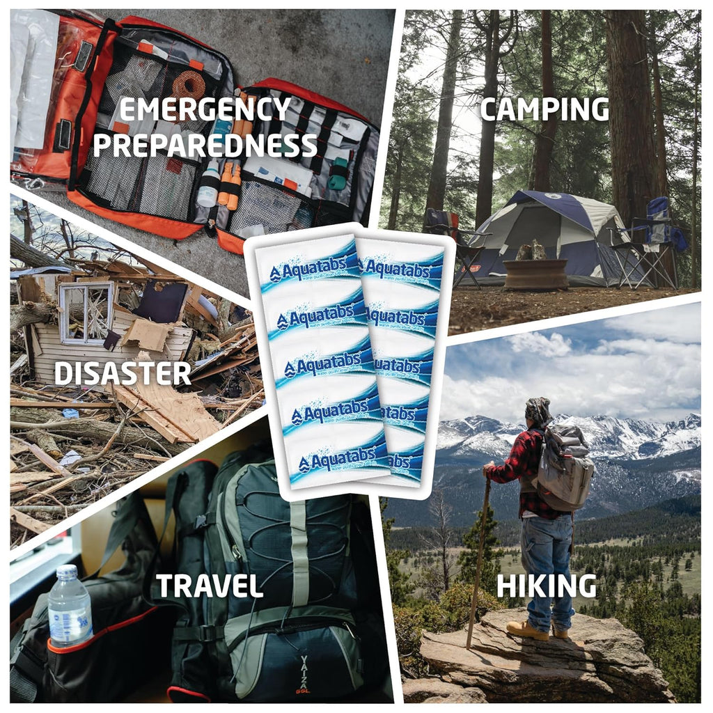 Aquatabs 49mg Water Purification Tablets (100 Pack). Water Filtration System for Hiking, Backpacking, Camping, Emergencies, Survival, and Home-Use. Easy to Use Treatment and Disinfection.