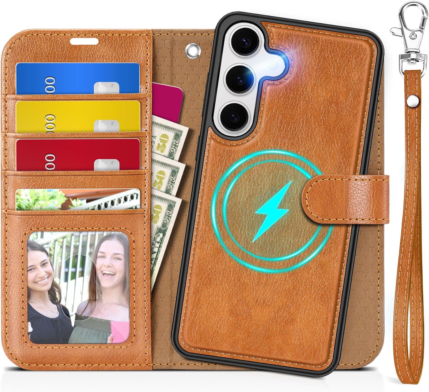 TUCCH Wallet Case for Galaxy S25, Removable 2 in 1 RFID Blocking [4 Card Slots] Wrist Strap [Wireless Charging] Kickstand PU Leather Magnetic Detachable Protective Folio Cover for Galaxy S25, Brown