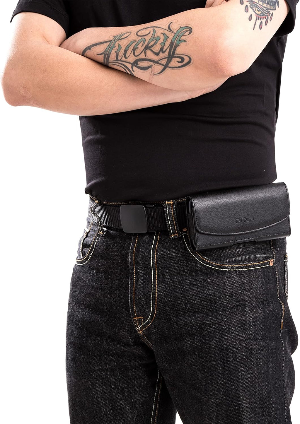 Holster for iPhone 16 16e Pro 15 14 13 12 11 10 XR Xs X, Samsung Galaxy S25 S24 S23 5G - Cell Phone Belt Holder Case with Clip - ID Card Magnetic Pouch - Black
