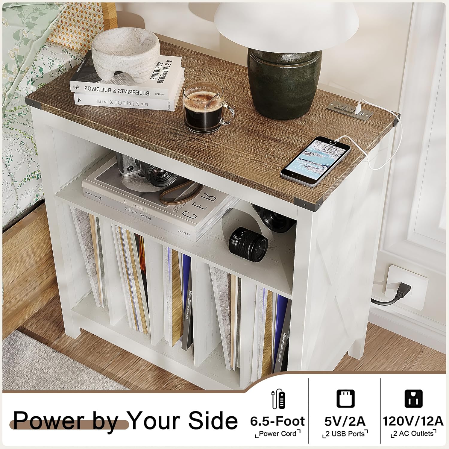 ChooChoo Large Record Player Stand with Charging Station & LED Light, Vinyl Record Holder hold up to 300 Albums, Farmhouse End Table for Bedroom, Living Room, Soft White
