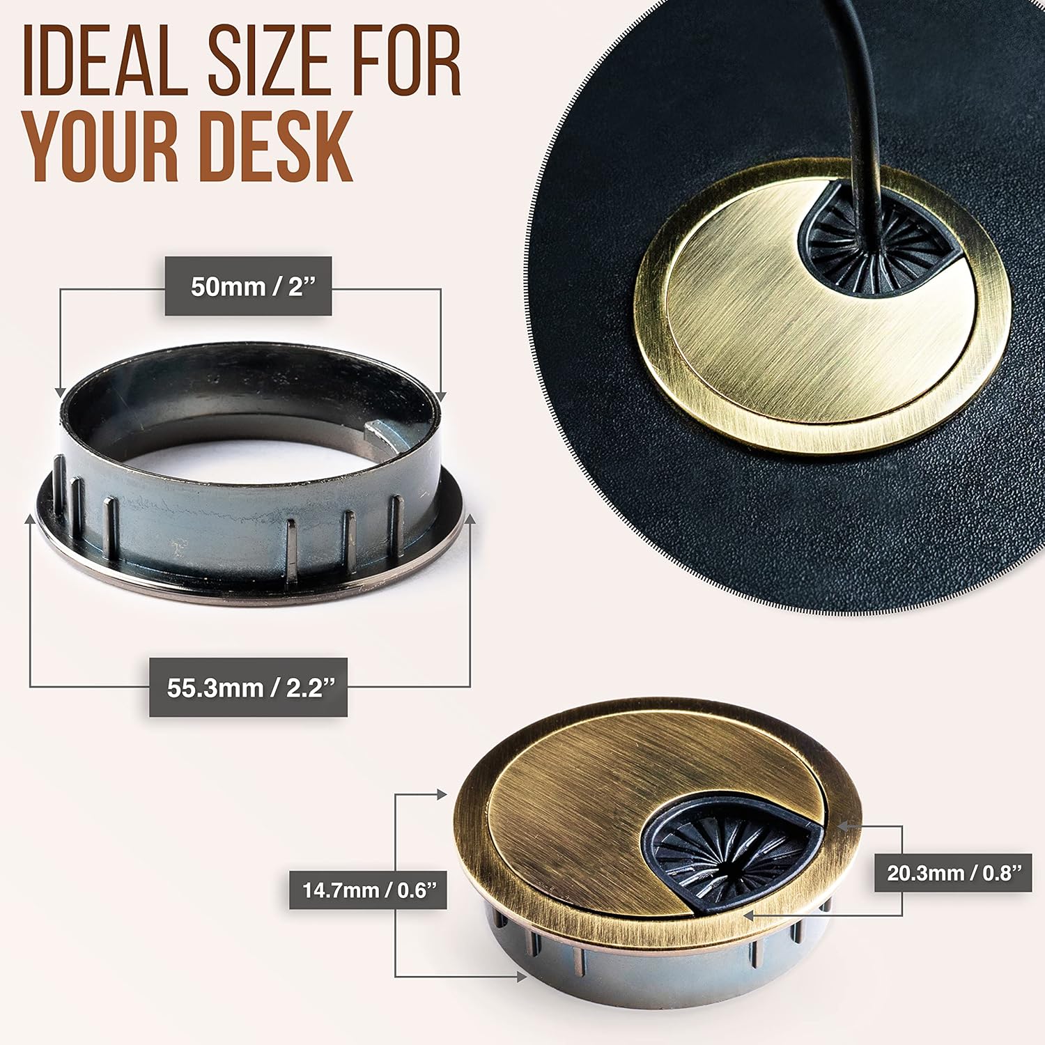 MAHDPRO Metal Desk Grommet 2 Inch (50 mm) Pack of 2-Bronze Zinc Alloy Metallic Desk Cord Hole Cover to Arrange Cables & Wires Through Computer Table/Countertops