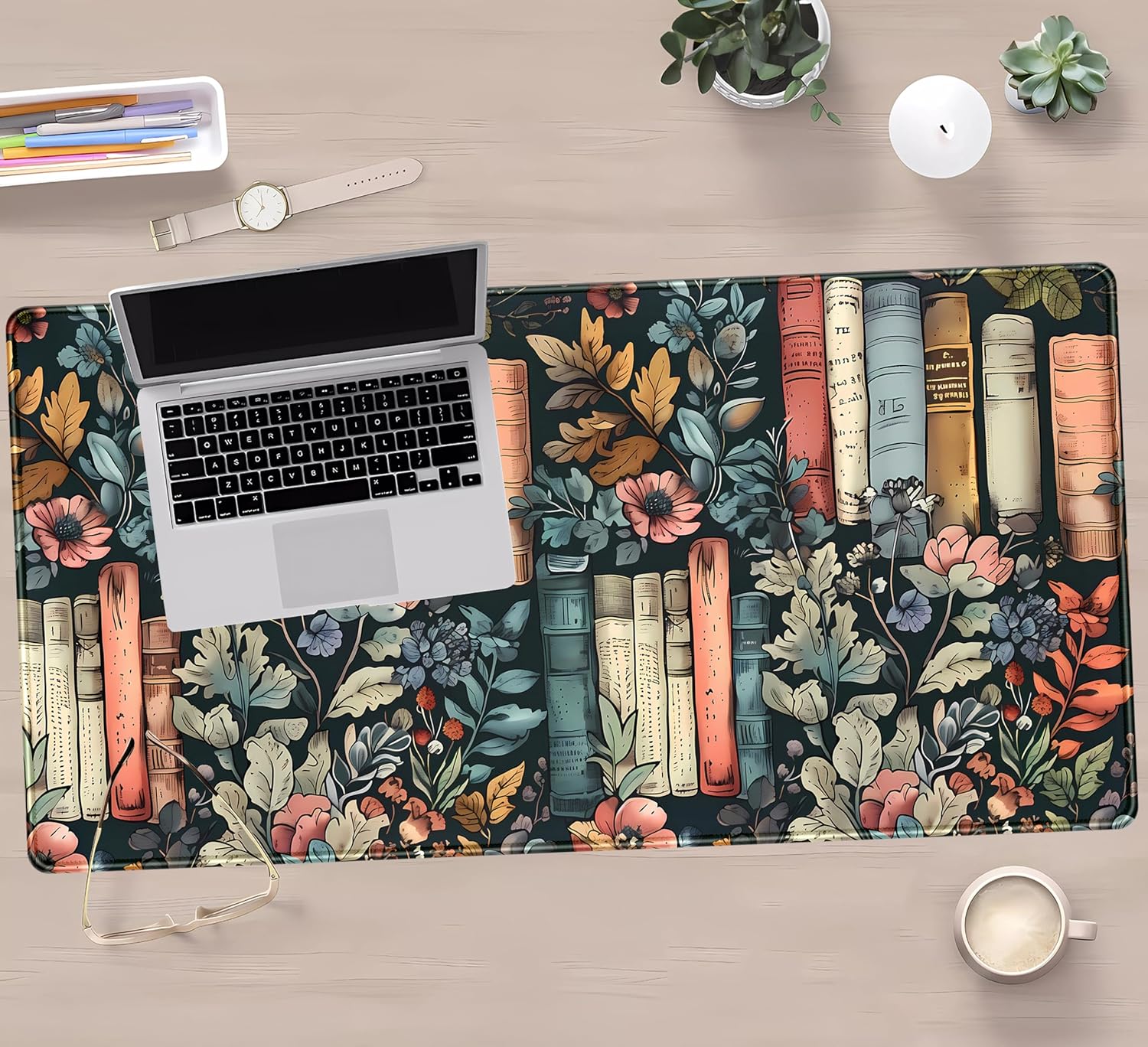 Floral Books Desk Mat Reading Desk Pad Mouse Mat XXL, Colorful Mouse Keyboard Pad Flower Bookshelf Desktop Mat, Long Computer Mats Aesthetic Desk Accessory Reader's Home Decor 31.5" x 15.7"
