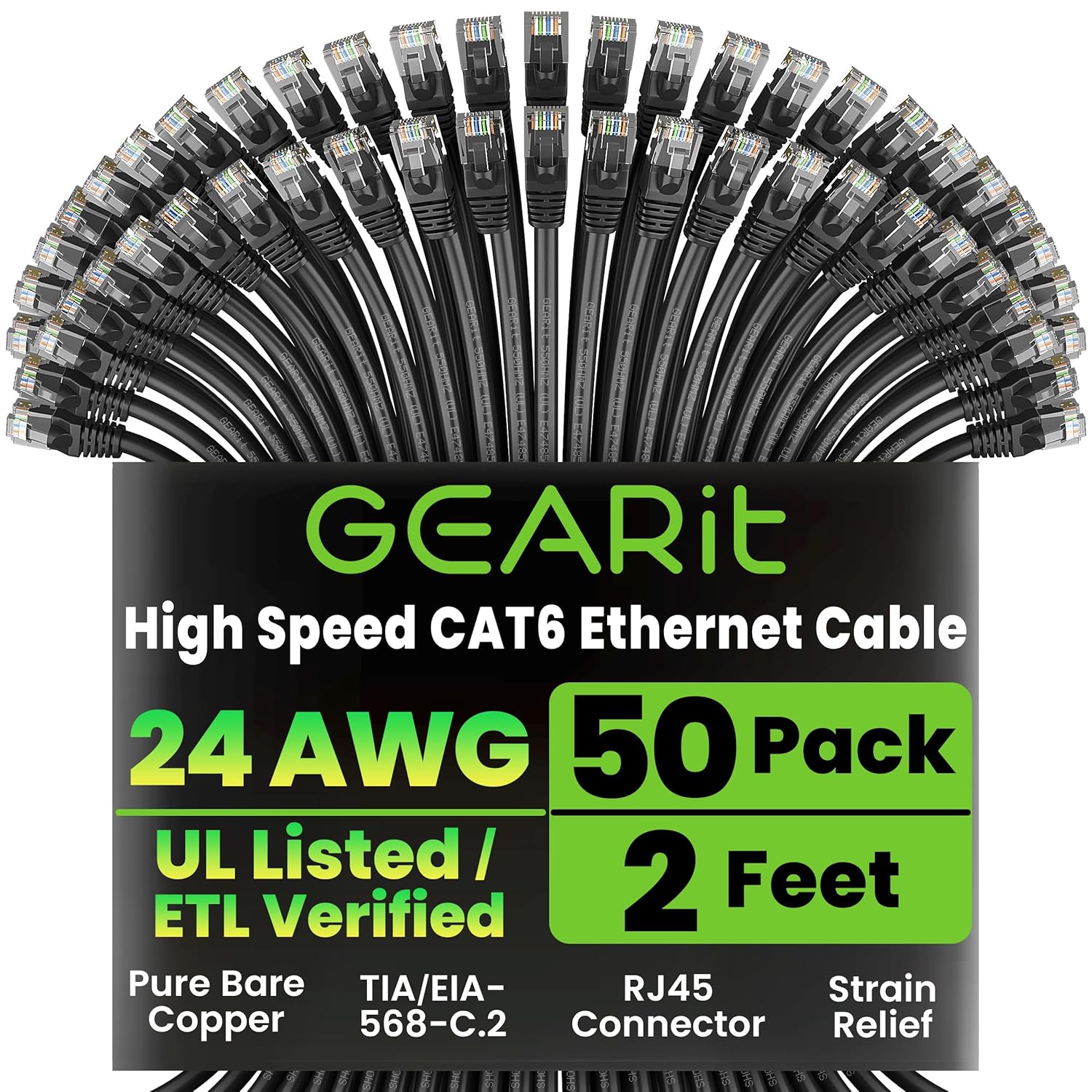 GEARit Cat 6 Ethernet Cable Pack - 50-Pack 2 ft Cat6 Ethernet Patch Cables | RJ45 Network Patch Cable, 10 Gbps Snagless Gold-Plated Connectors - Ethernet Cable Cat 6 for PC, TV, Router - Black