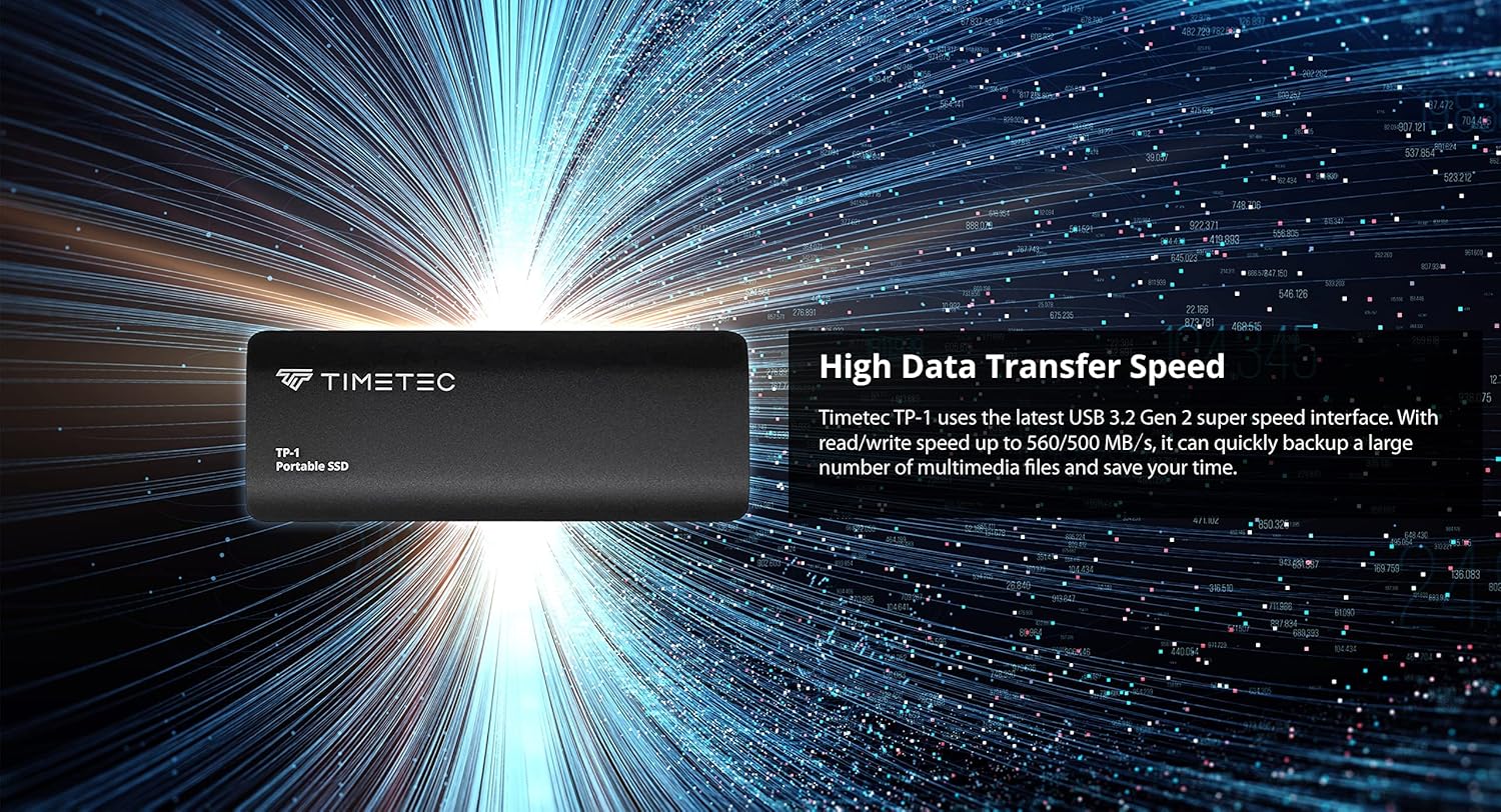 Timetec 2TB Portable External SSD USB3.2 Gen2 Type C Up to 550MB/s Ultra-Light Aluminum Mini External Solid State Drive with USB C to A Cable/USB A to C Adapter for Desktops/Laptop/Mac/Mobile - Black
