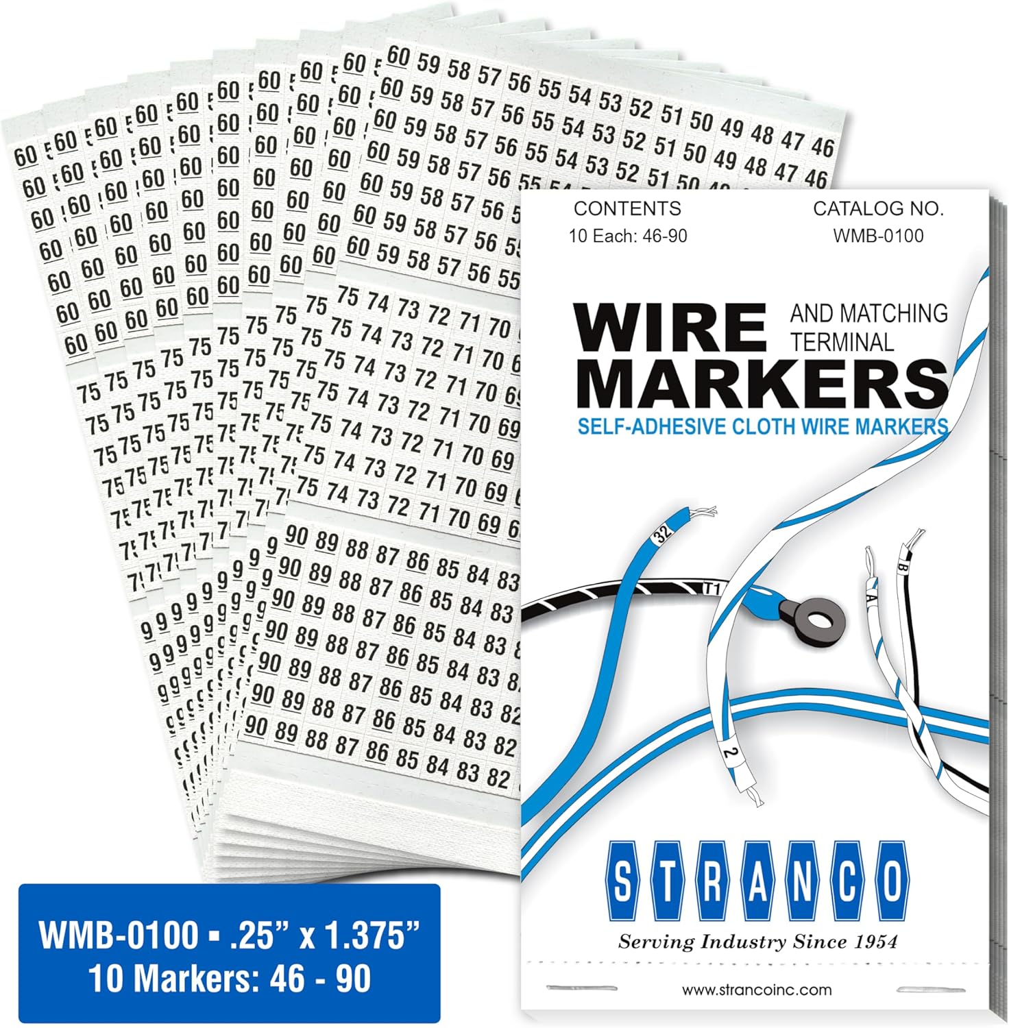 Premium Wire Marker Book for Cable Management, Vinyl-Coated, High-Tack Adhesive, Electric Panel Wire Label Stickers - 10 Pages, 1 Book, Numbered 46-90 (Pack of 5)