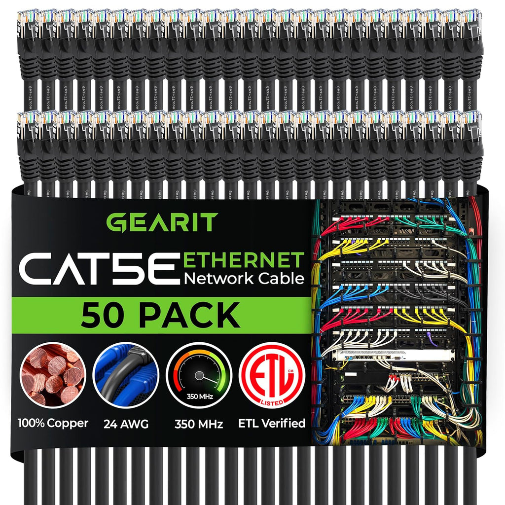 GearIt 50-Pack, Cat5e Ethernet Patch Cable 1 Foot - Snagless RJ45 Computer LAN Network Cord, Black