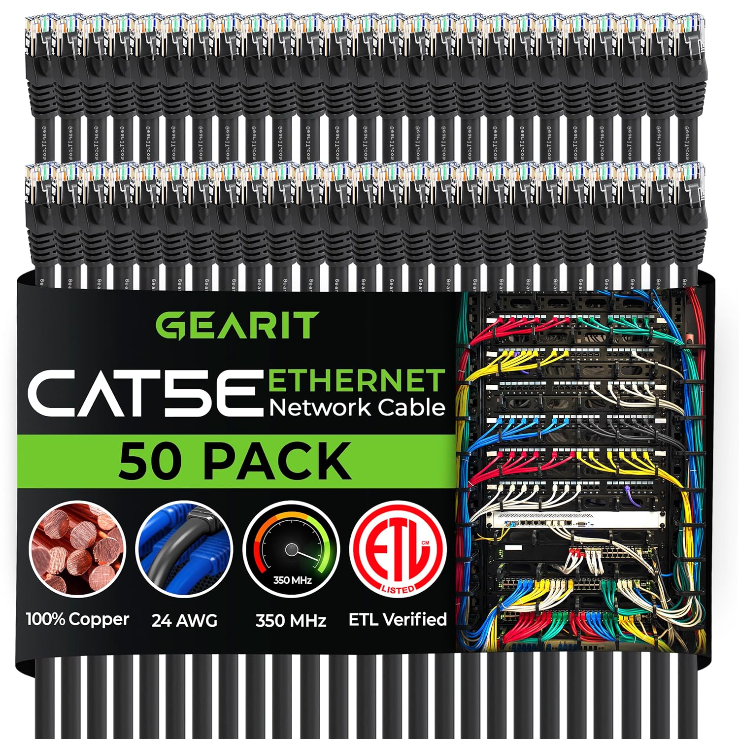 GearIt 50-Pack, Cat5e Ethernet Patch Cable 1 Foot - Snagless RJ45 Computer LAN Network Cord, Black