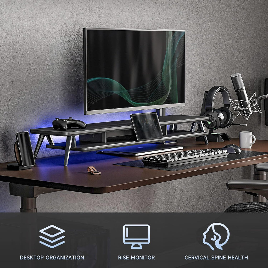 Fenge Dual Monitor Stand, Monitor Stands Riser for 2 monitors, 42.5 Inch Wood Desk Shelf with Storage Organizer and Cable Management for Office Desk Accessories