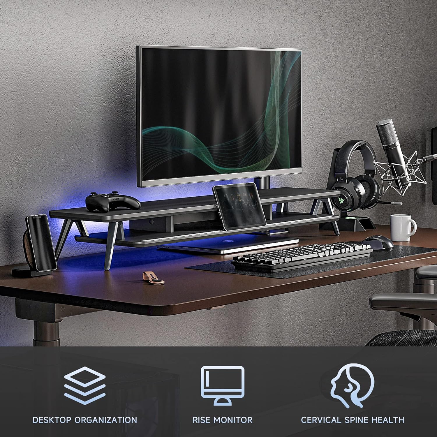 Fenge Dual Monitor Stand, Monitor Stands Riser for 2 monitors, 42.5 Inch Wood Desk Shelf with Storage Organizer and Cable Management for Office Desk Accessories