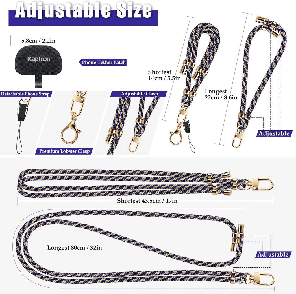 Universal Phone Lanyard with Wrist Strap, Adjustable Crossbody Cell Phone Lanyard Neck Strap and Wristlet Strap with 2 Lobster Clips, Phone Tether Patches and Phone Straps (Beige/Navy Blue, 2 Pack)