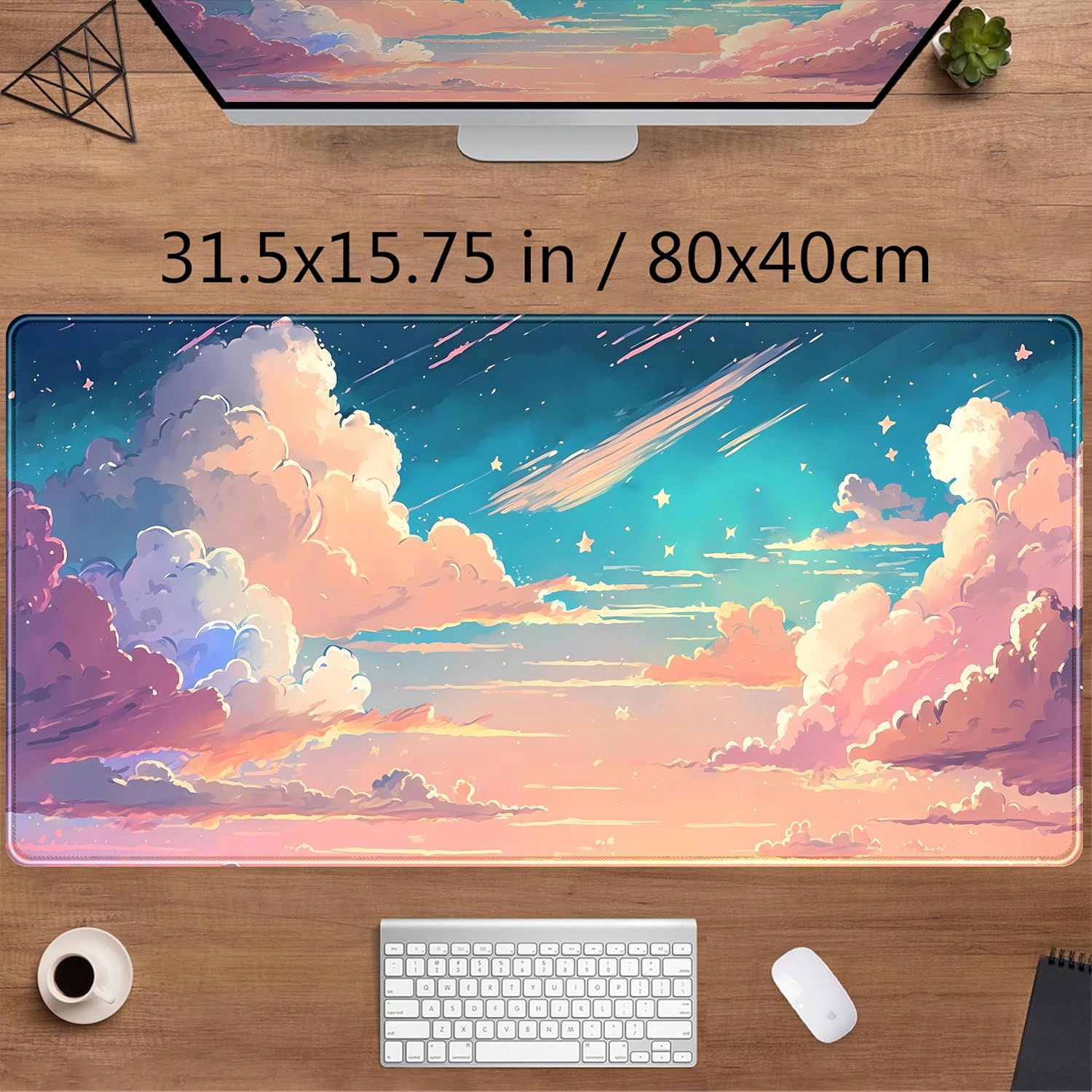 Cool Pink Desk Mat Pastel Clouds Large XXL Gaming Mouse Pad Non-Slip Rubber Base Mousepad, Office Desktop Decor Desk Pad, Computer Laptop Keyboard and Mouse Mat with Stitched Edges, 31.5x15.75 in