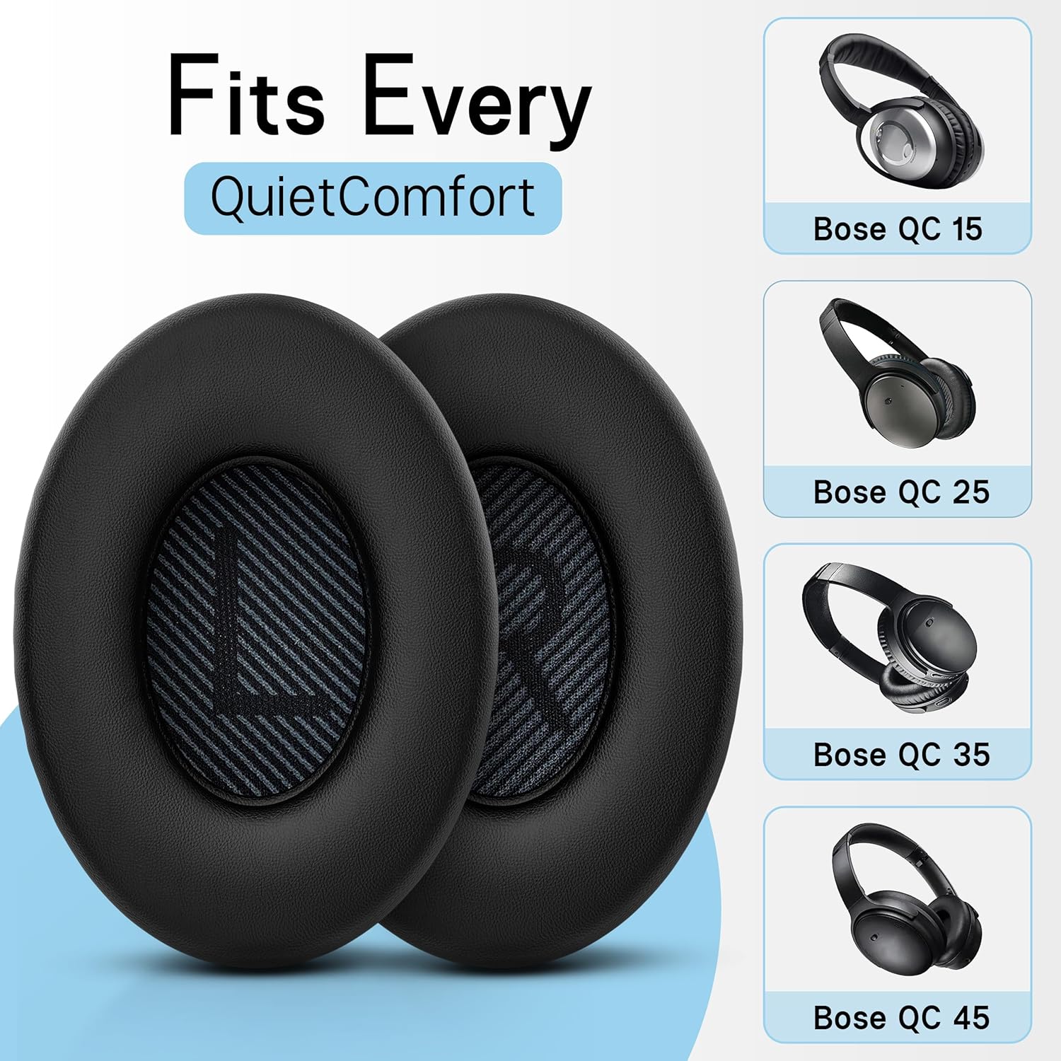Earpads Replacements for Bose QuietComfort 35, QuietComfort 45, QC 35, QC 45 Over Ear Headphones, Protein Leather, Noise Isolation Fit, Black