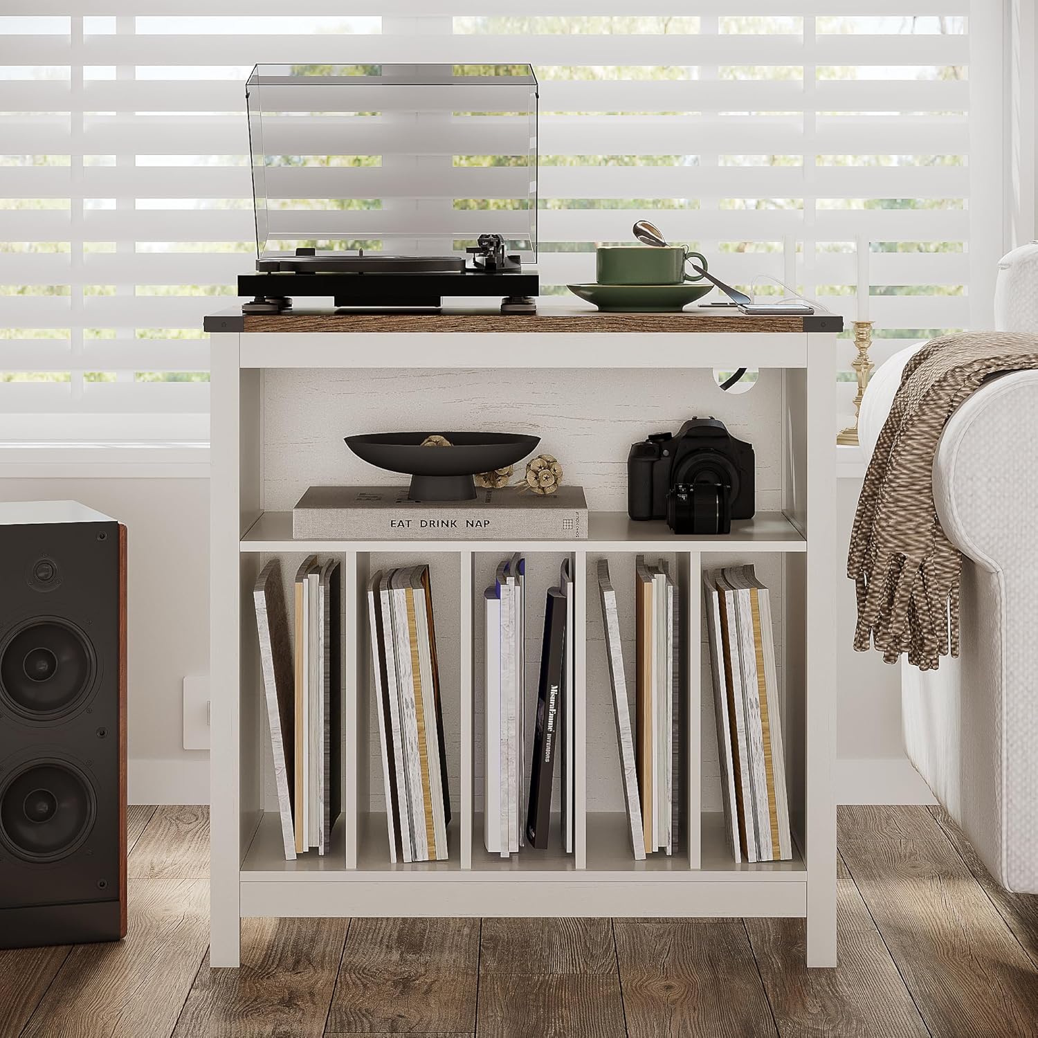ChooChoo Large Record Player Stand with Charging Station & LED Light, Vinyl Record Holder hold up to 300 Albums, Farmhouse End Table for Bedroom, Living Room, Soft White