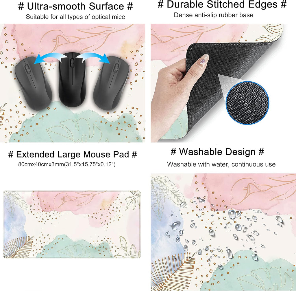 Boho Pastel Painting Mouse Pads, Abstract Mousepad XXL,Extended Mouse Pad for Keyboard & Wireless Mouse,Cute Large Desk Protector Mat Full Desk Gaming Mice Pad for Office Home 31.5x15.75 in