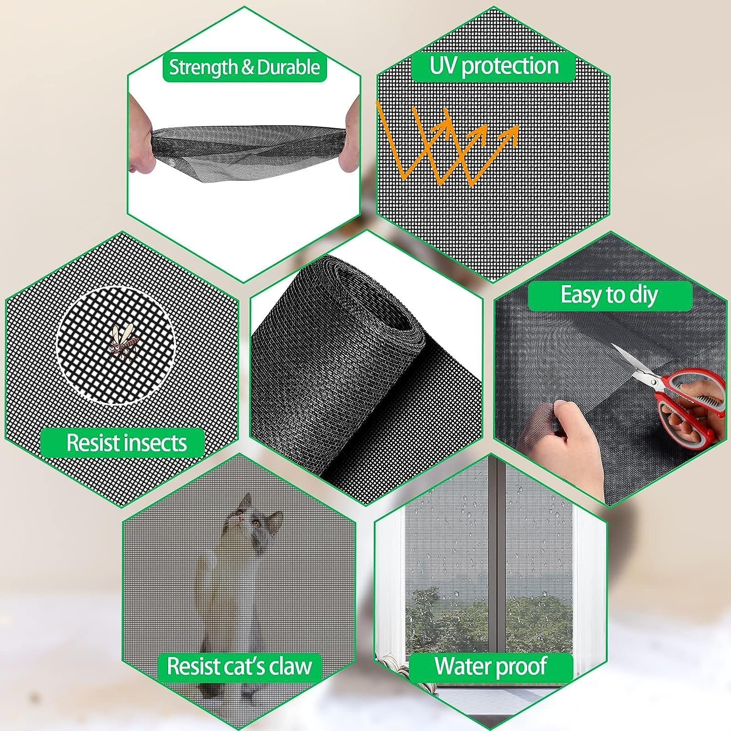 QWR Pet Proof Window Screen Replacement,39''x 360'' Heavy Duty High Hardness Vinyl Coated Wire-Like Mesh,Cat Resistant Screen Mesh for Sliding Screen Door,Patio,Windows(Rolled Package)