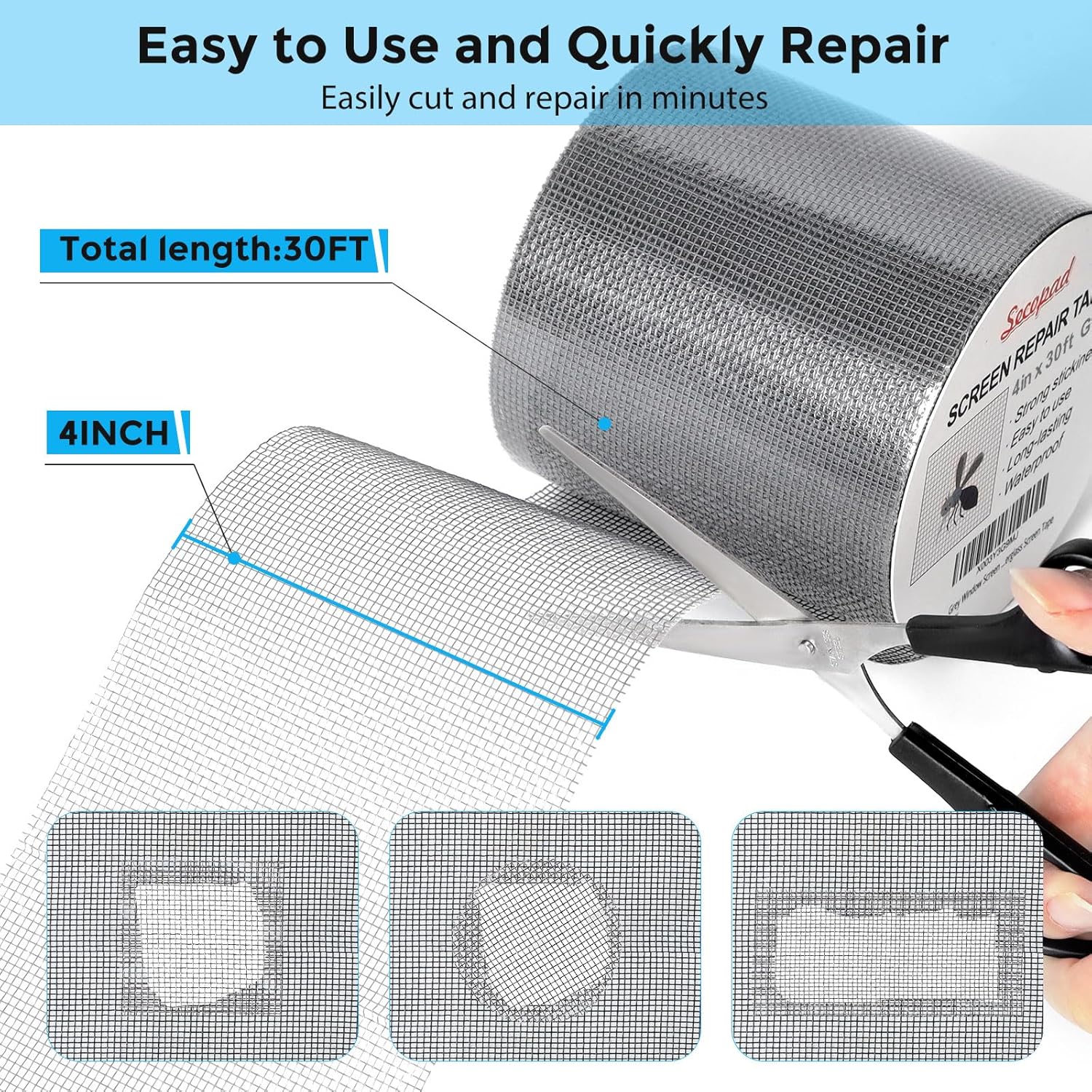 Grey Window Screen Repair Kit, 4 in X 30 FT (360IN) Screen Repair Tape for Windows or Doors, Strong Adhesive Fiberglass Mesh Patch Tape