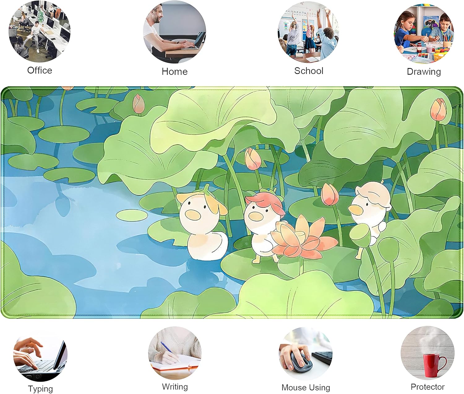 Green Cute Anime Desk Mat Kawaii Cartoon Ducks Gaming Mouse Pad XXL Large Anime Girl Gamer Mousepad Women Office Decor Desk Pad Aesthetic Lotus Leaf Laptop Keyboard Pad Computer Mat 31.5x15.75 in