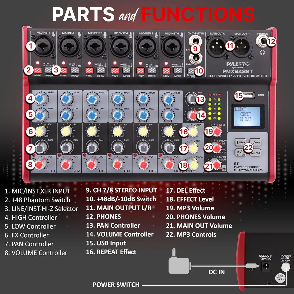 Pyle Professional Wireless DJ Audio Mixer - 8-Channel Bluetooth Compatible DJ Controller Sound Mixer w/USB Port, 6 Mic/Line Input, ¼” Mono/Stereo Input, Headphone Jack, +48V Phantom Power - PMX848BT
