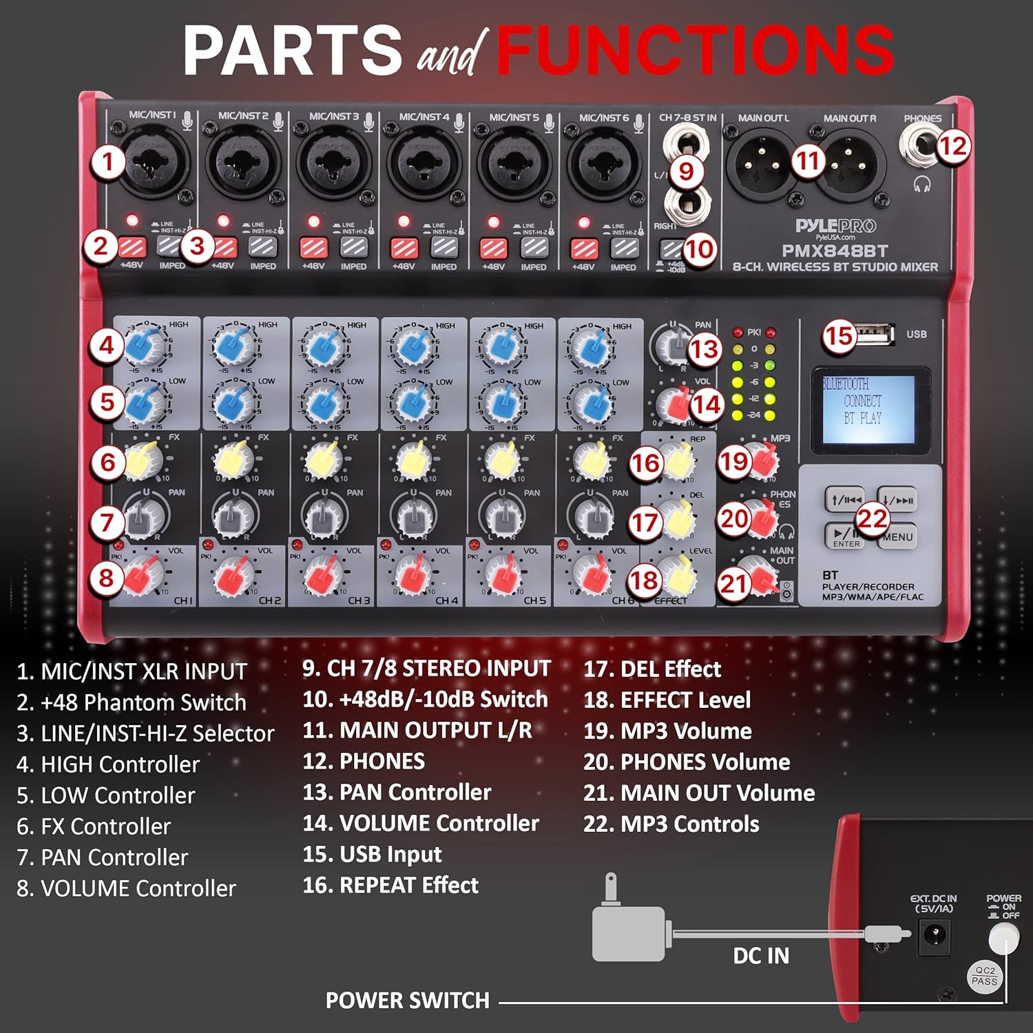 Pyle Professional Wireless DJ Audio Mixer - 8-Channel Bluetooth Compatible DJ Controller Sound Mixer w/USB Port, 6 Mic/Line Input, ¼” Mono/Stereo Input, Headphone Jack, +48V Phantom Power - PMX848BT