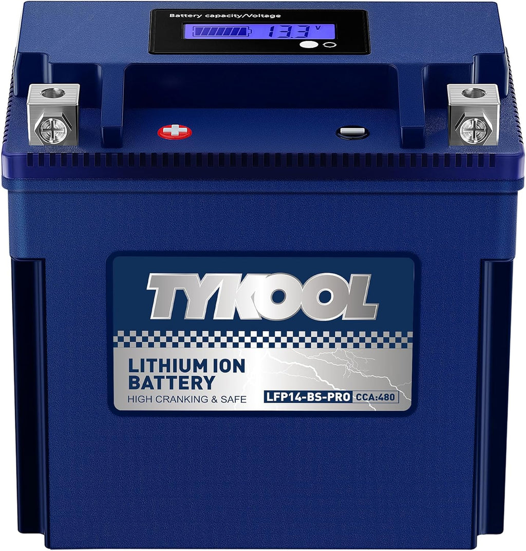 TYKOOL YTX14-BS/YTX14H/GYZ16H High Performance Lithium LiFePO4 Motorcycle Battery,480CCA,12V 8Ah,Fits for ATV,UTV,Jet Ski,Snowmobile,Quad,Tractor,Riding Lawn Mower,Polaris Battery