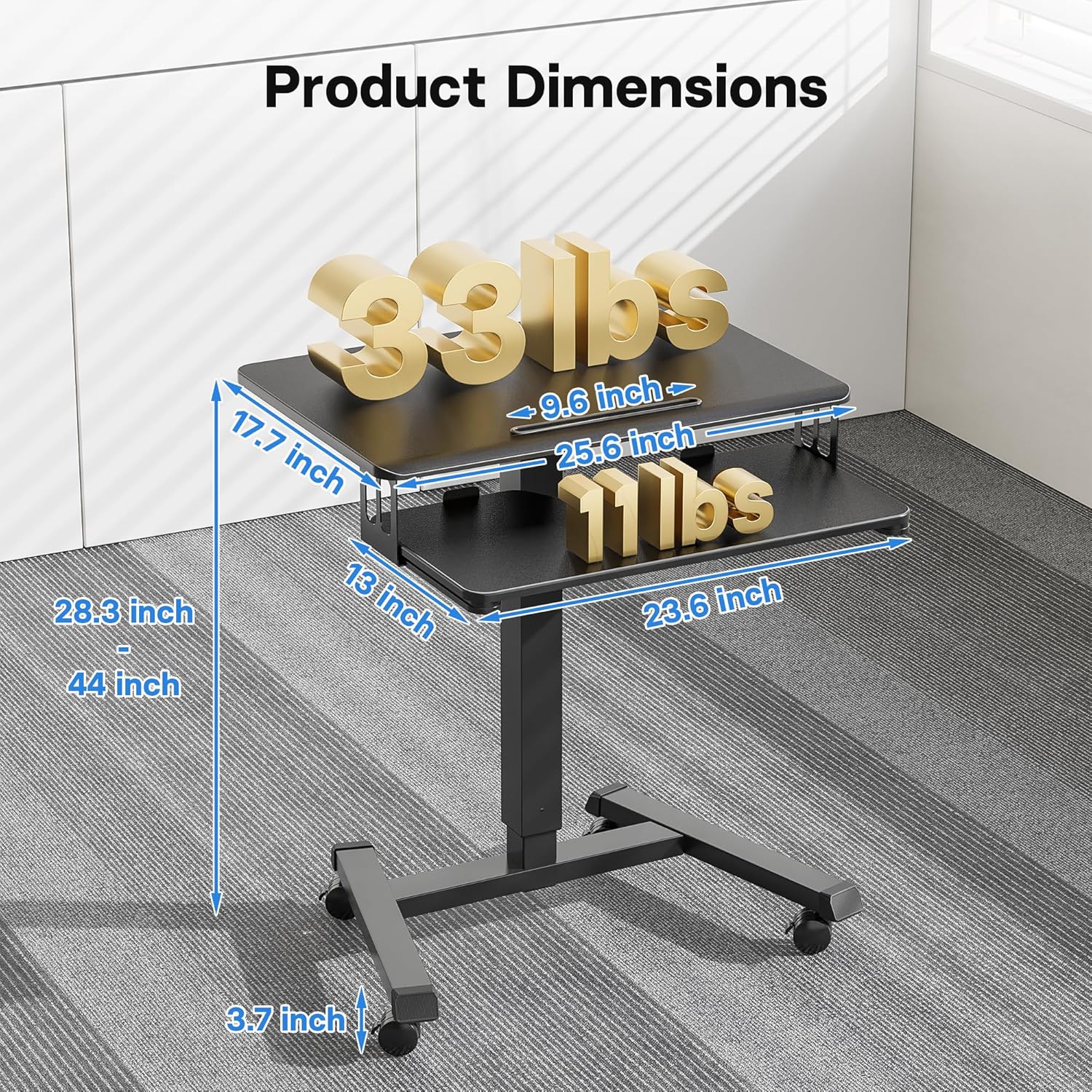 BONTEC Mobile Standing Desk with Keyboard Tray, Mobile Podium, Rolling Laptop Sit Stand Desk on Wheels, Adjustable Height Desk Up to 33lbs, Portable Computer Workstation Cart for Living Room, Office