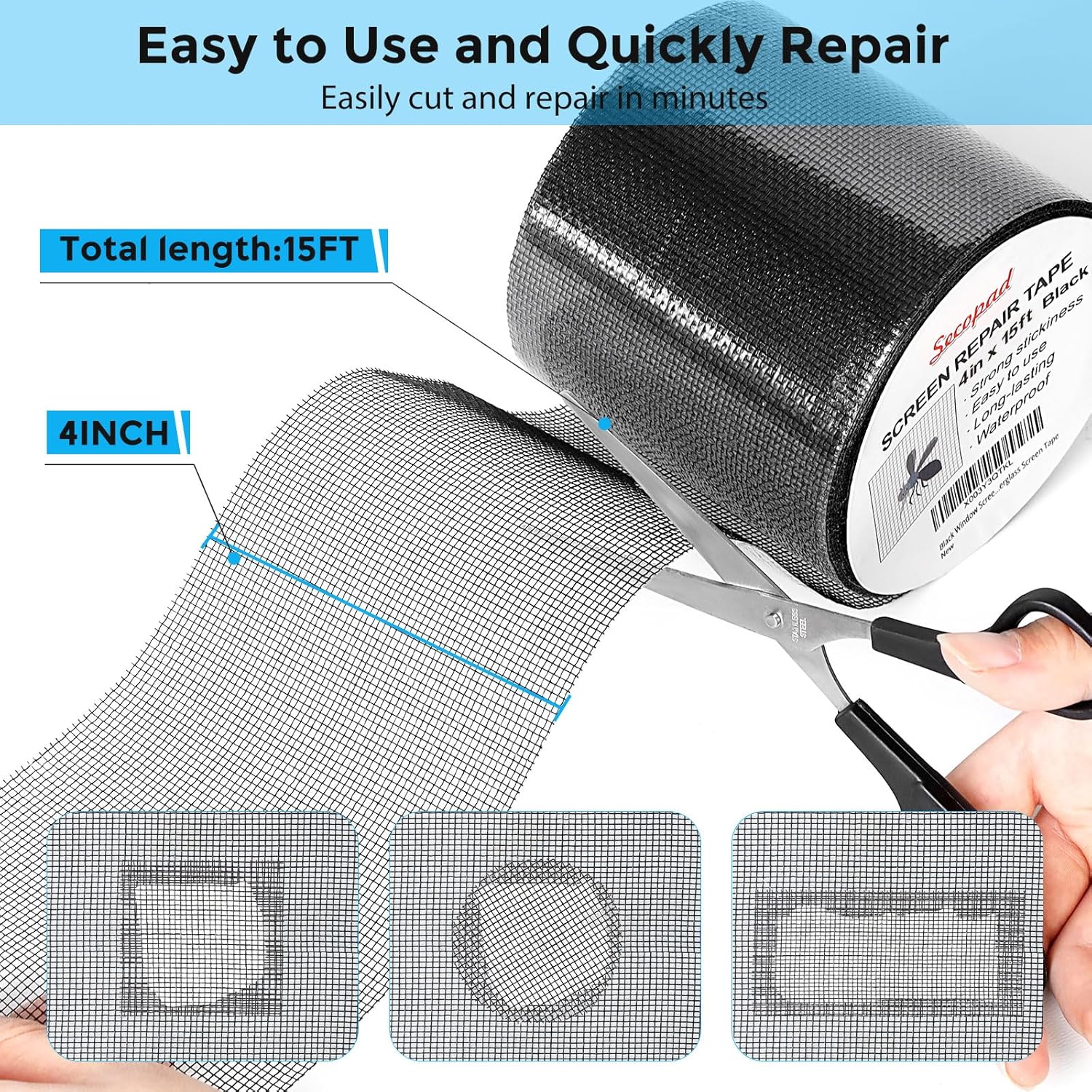 Black Window Screen Repair Tape, 4 in X 15 FT (180IN) Screen Repair Kit for Windows or Doors, Strong Adhesive Fiberglass Mesh Patch Tape