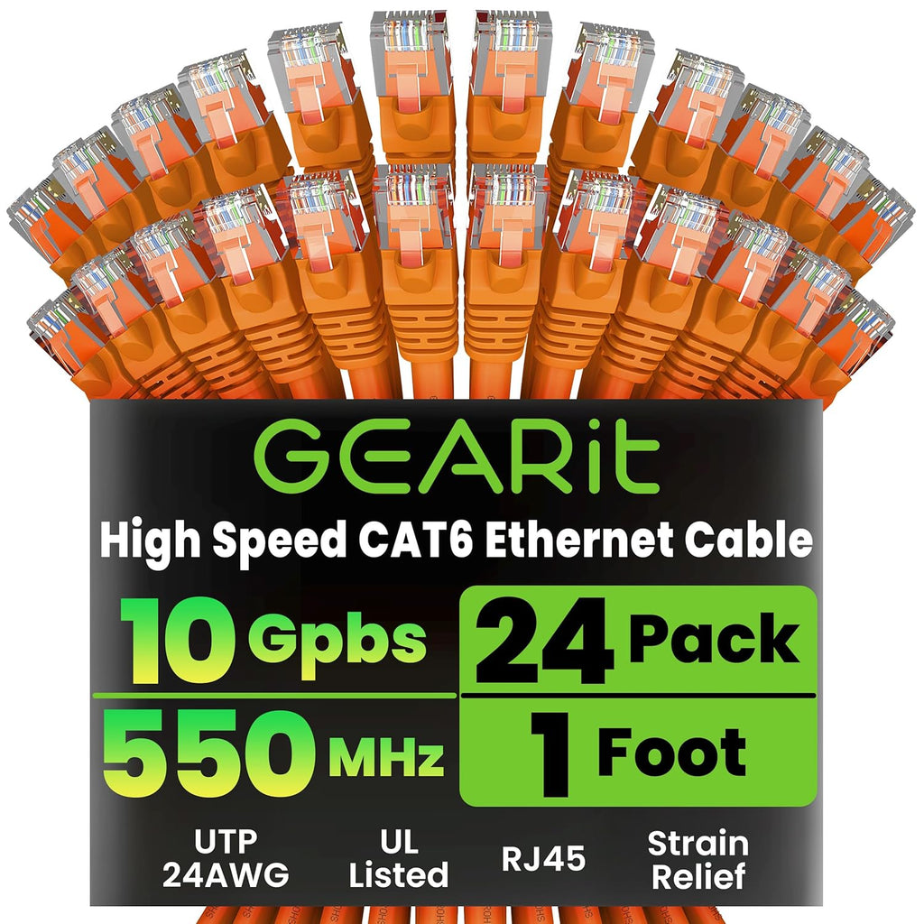 GEARit Cat 6 Ethernet Cable (24-Pack 1 Foot) Cat6 Network Patch, 10Gbps, RJ45, Snagless Cord, Gold-Plated Connectors, Internet for PC, TV, Tablet, Router, Printer, Servers, IT Data Center - Orange