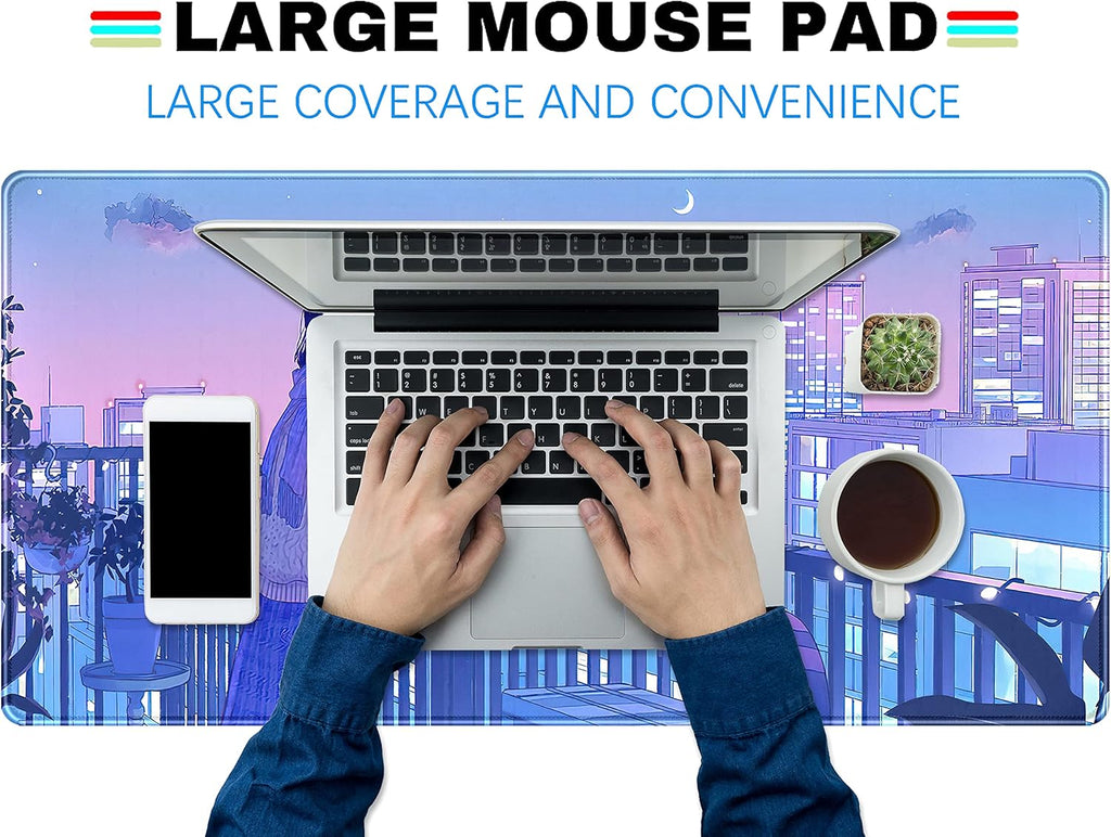 Purple Anime Kawaii Desk Mat Mousepad Cute Cat XXL Large Gaming Japanese Girly Aesthetic Mouse Pad Tokyo Street Desk Mat 31.5x15.75 in, Girl Gamer Desktop Mat Computer Laptop Keyboard Mouse Mat