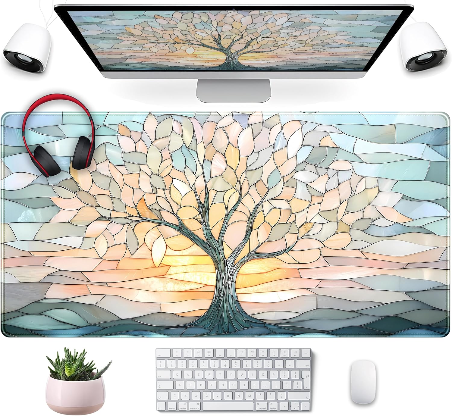 Desk Mat Cute Tree of Life Mouse Pad Gaming XXL Large Extended Desk Matt for Desktop, Faux Stained Glass Pastel Desk Pad, Laptop Computer Keyboard Mouse Mat, Office Decor Deskamt, 31.5x15.75 in