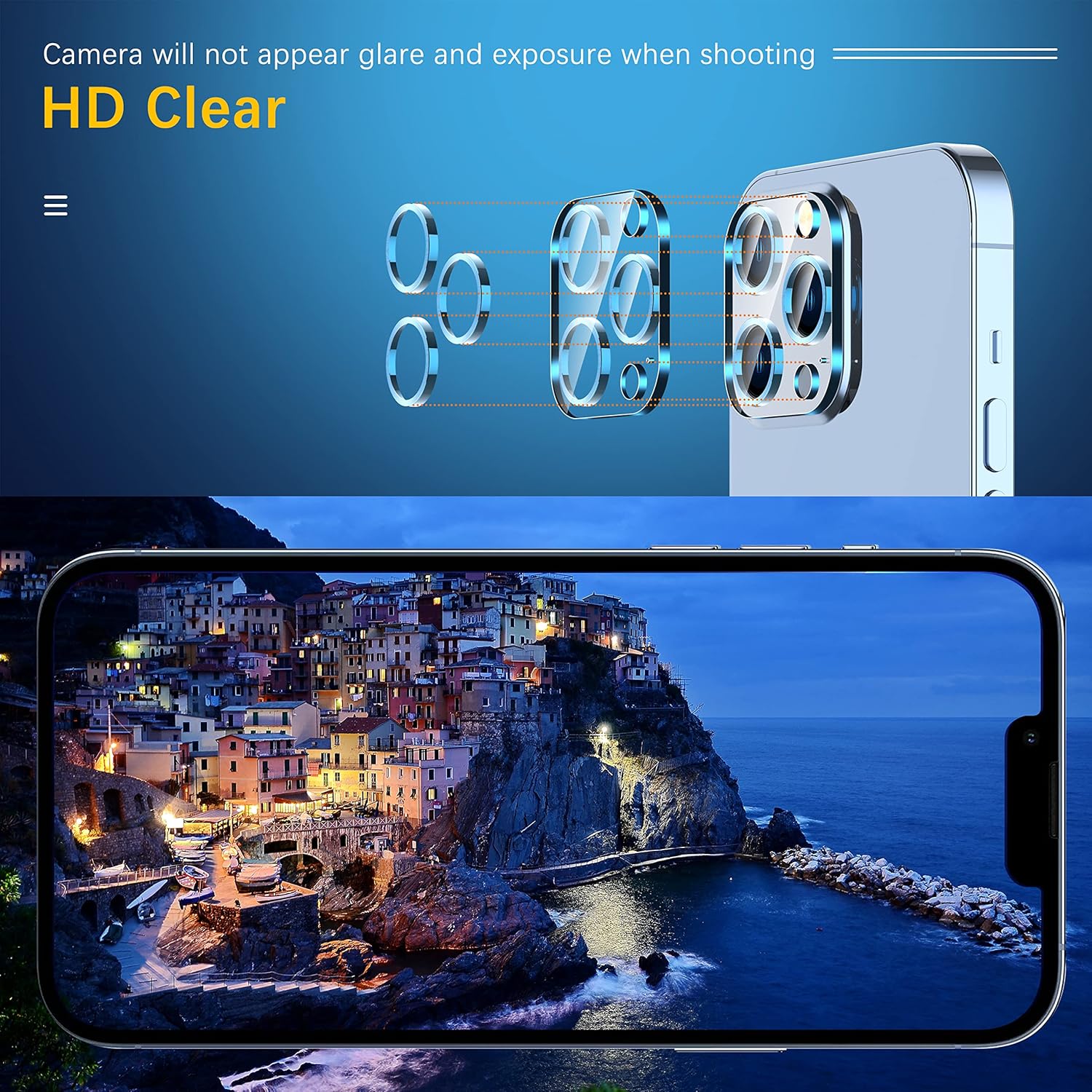 UniqueMe [3 Pack] Camera Lens Protector Compatible with iPhone 13 Pro 6.1" / 13 Pro Max 6.7" Tempered Glass,[Case Friendly][New version][Scratch-Resistant][Easy Installation] -Blue