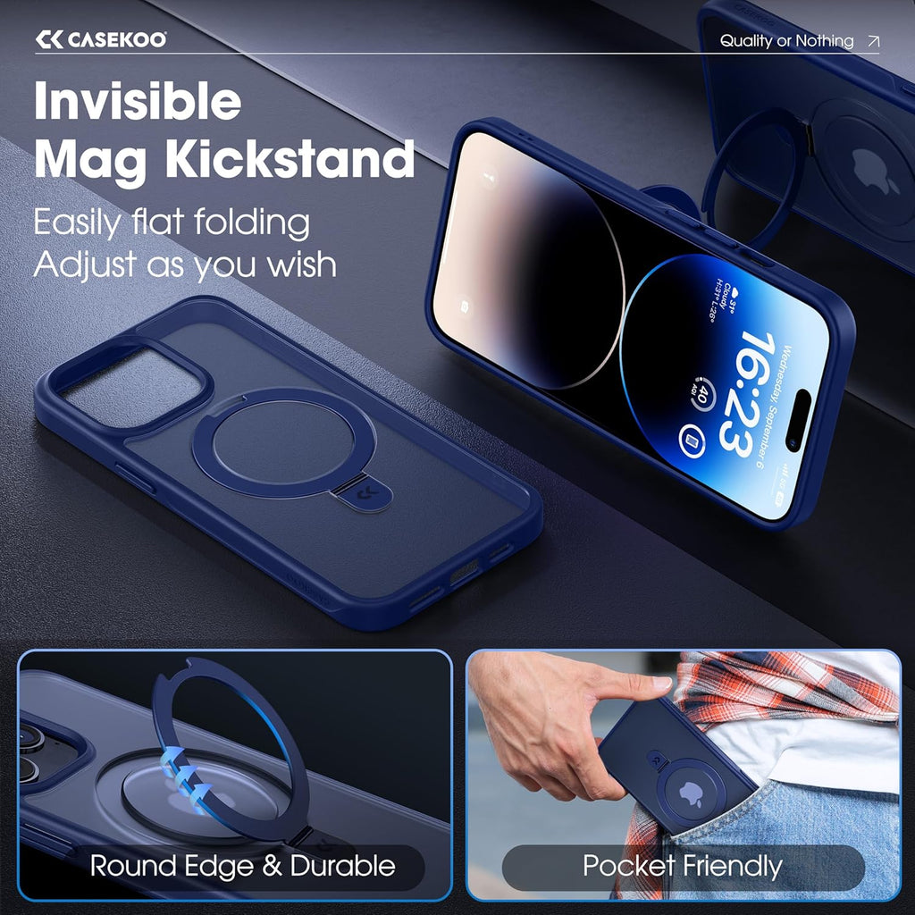 CASEKOO Designed for iPhone 14 Pro Case with Magnetic Invisible Stand [Military Drop Protection] [Compatible with MagSafe] Shockproof Slim Translucent Matte Pro Case 6.1 Inch, Blue