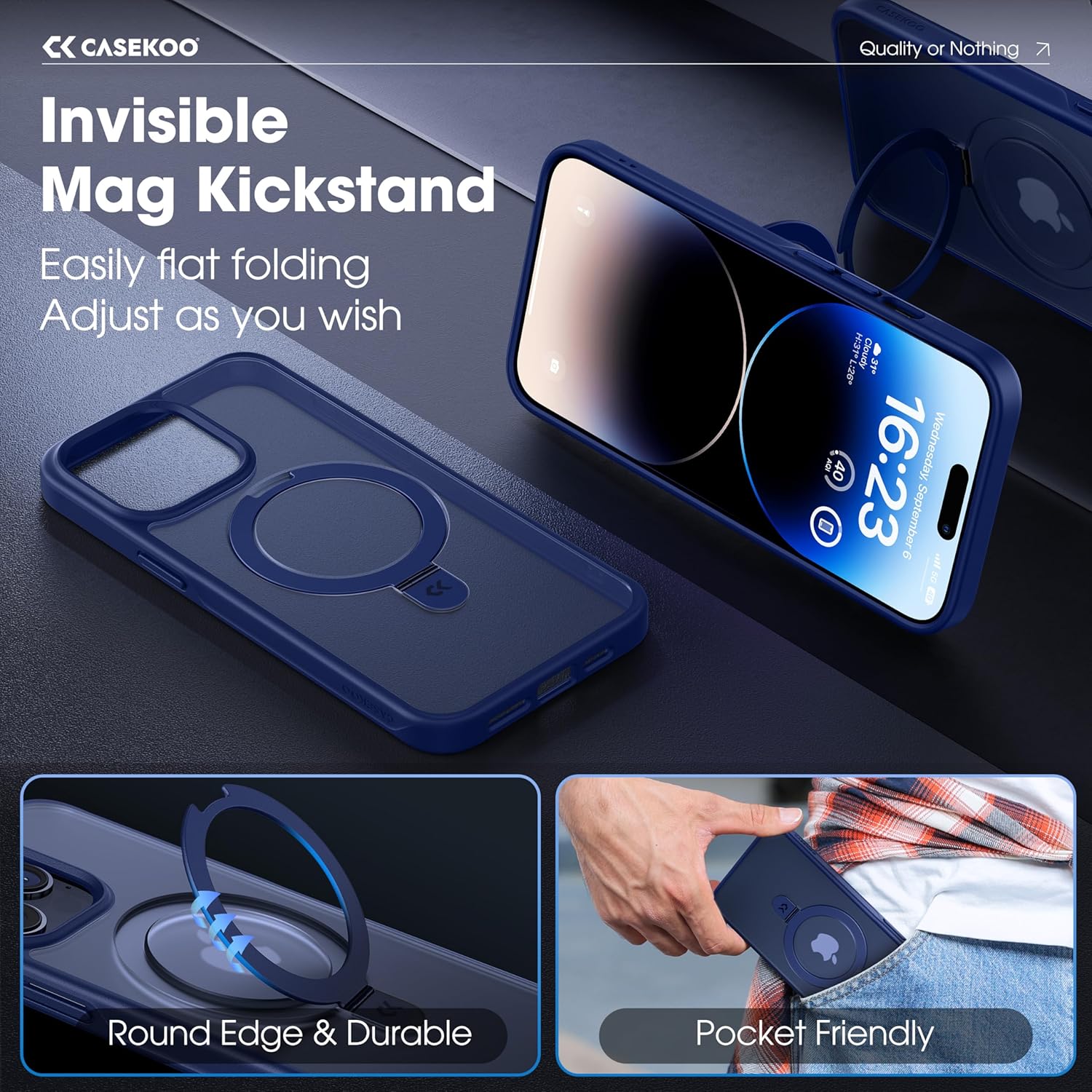 CASEKOO Designed for iPhone 14 Pro Case with Magnetic Invisible Stand [Military Drop Protection] [Compatible with MagSafe] Shockproof Slim Translucent Matte Pro Case 6.1 Inch, Blue