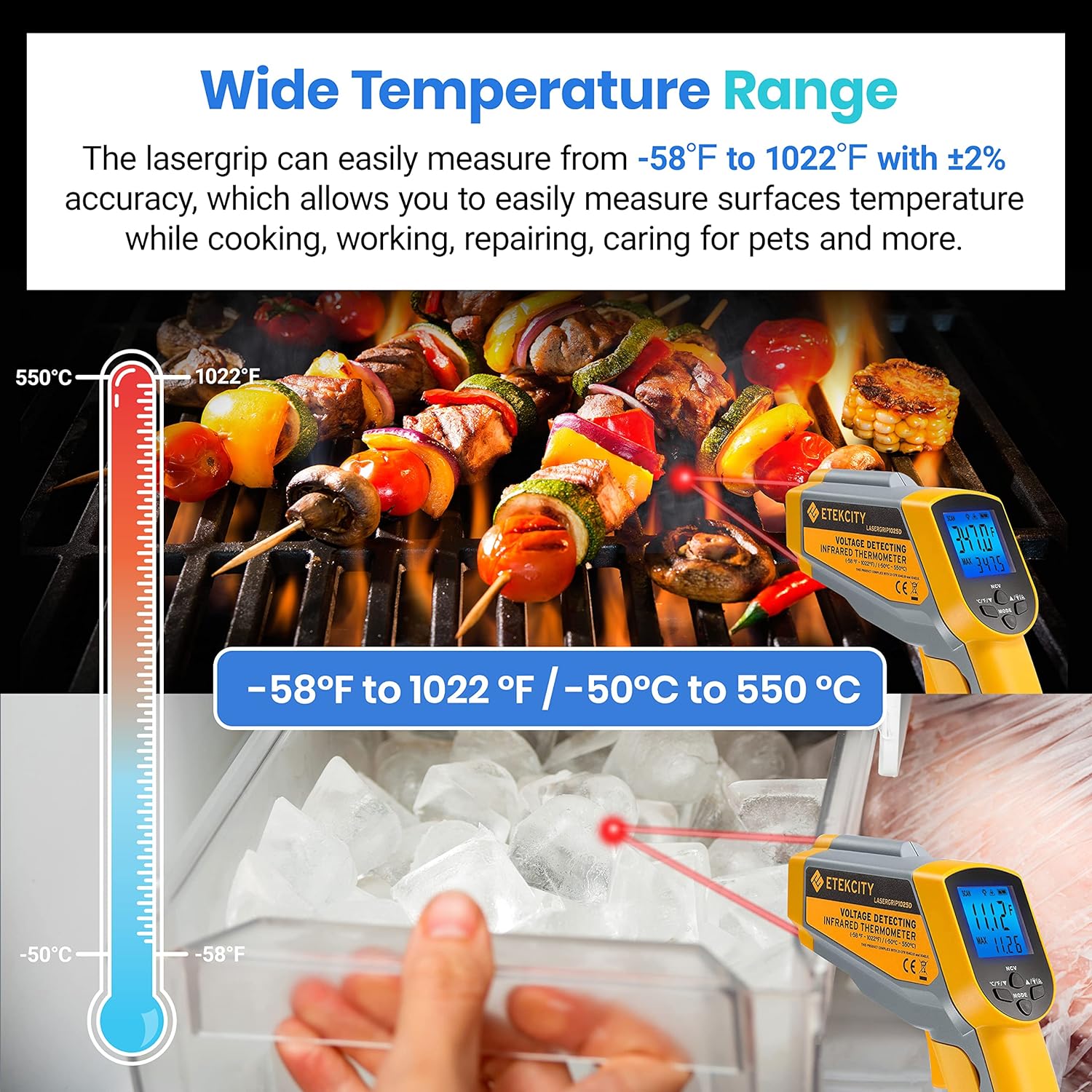 Etekcity Infrared Thermometer 1025D (Not for Human) Dual Laser Temperature Gun-58℉~1022℉ (-50℃~550℃) with Adjustable Emissivity, Non-Contact Voltage Tester (NCV), Standard Size, Yellow & Gray