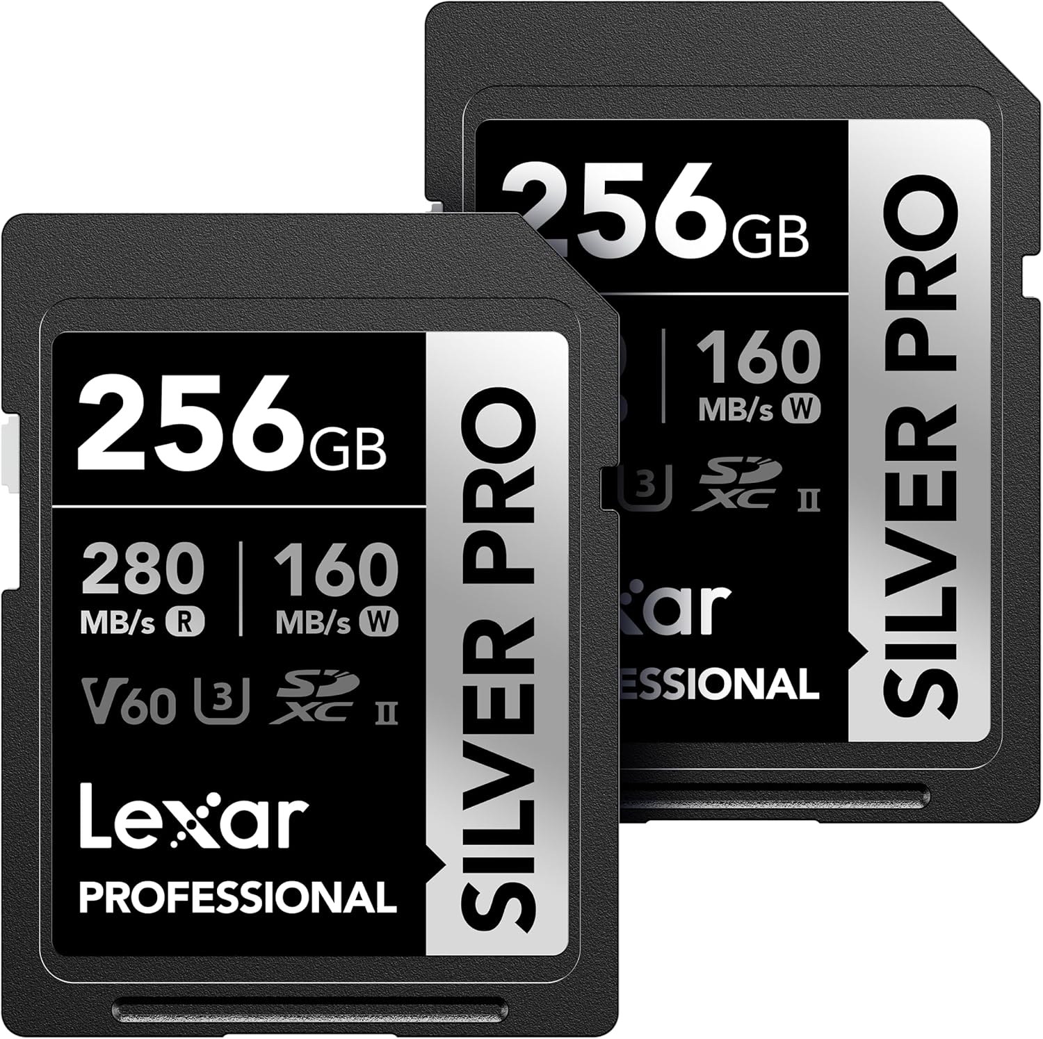 Lexar 256GB (2-PK) Professional SILVER PRO SD Card, UHS-II, C10, U3, V60, Full HD, 4K, Up To 280MB/s Read SDXC Memory Card, for Professional Photographer, Videographer, Enthusiast (LSDSIPR256G-B2NNU)