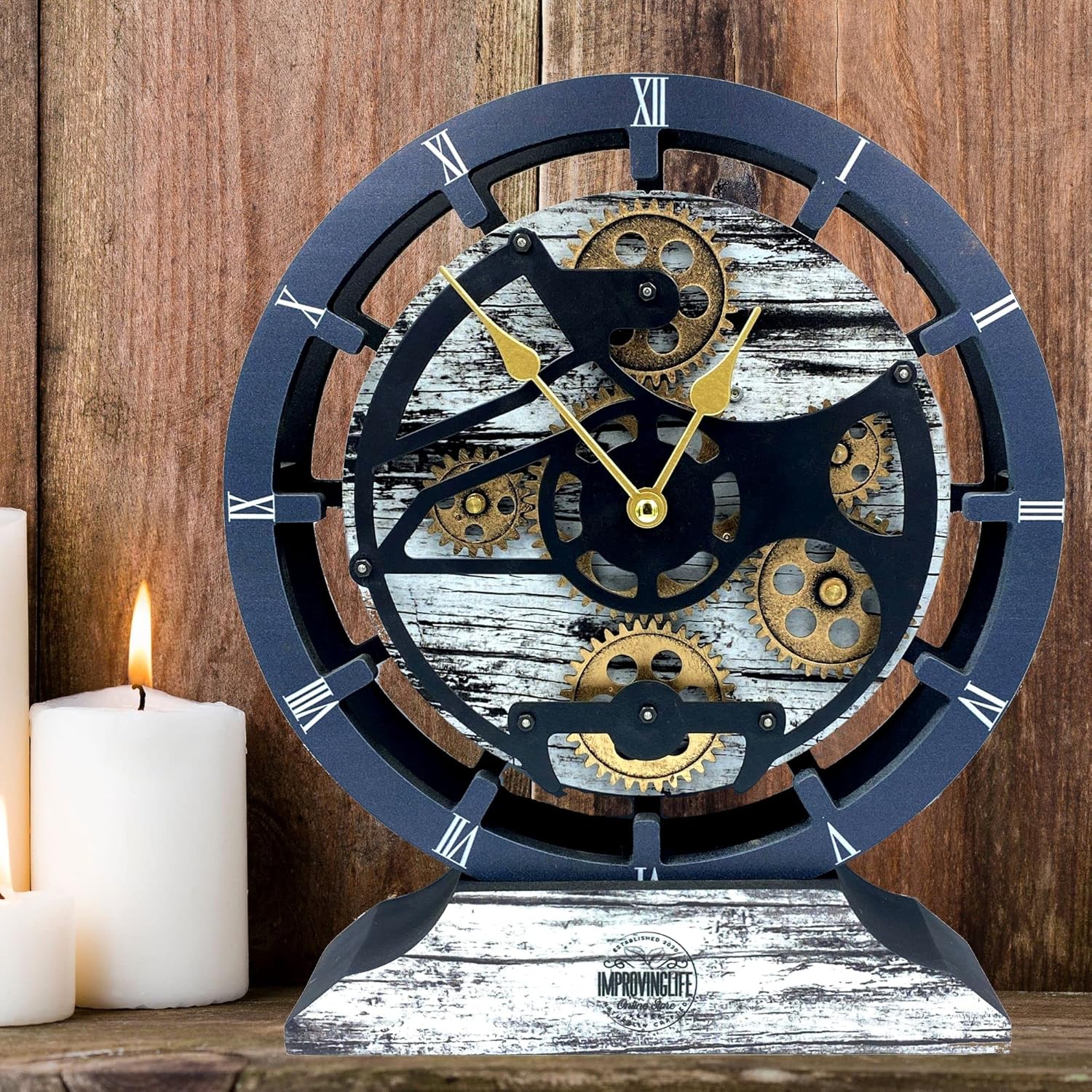 ImprovingLife The Gears Clock Desk Clock 10 inches with Real Moving Gears Convertible into Wall Clock (Grey & White)