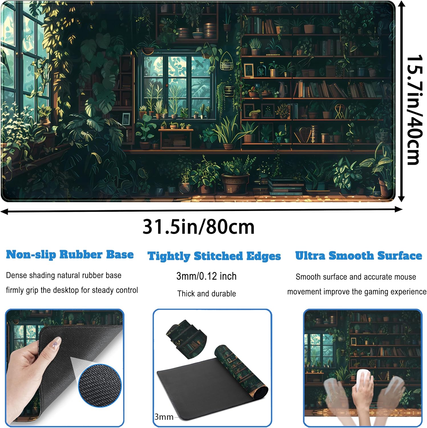 Green Plant Desk Pad Gaming Pad Extra Large Desk Mats Full Desk Mouse Pad XXL, Desktop Mat Computer Laptop Keyboard Pads, Office Home Decor Table Pad Cute Desk Accessories 31.5" x 15.7"