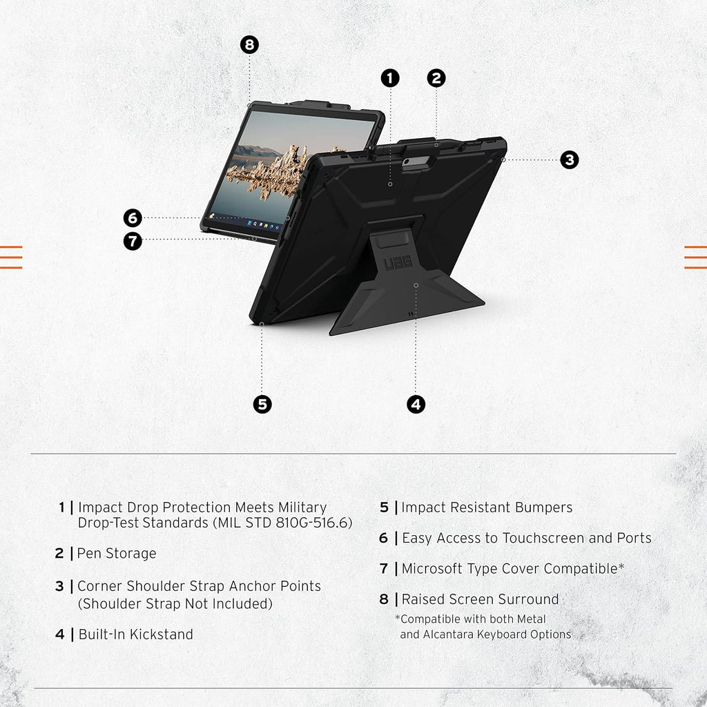 URBAN ARMOR GEAR UAG Designed for Microsoft Surface Pro 11/10/9 Case with Multi-angle Kickstand & Pen Holder Compatible with Type Cover Keyboard Rugged Protective Cover Heavy Duty, Metropolis SE Black