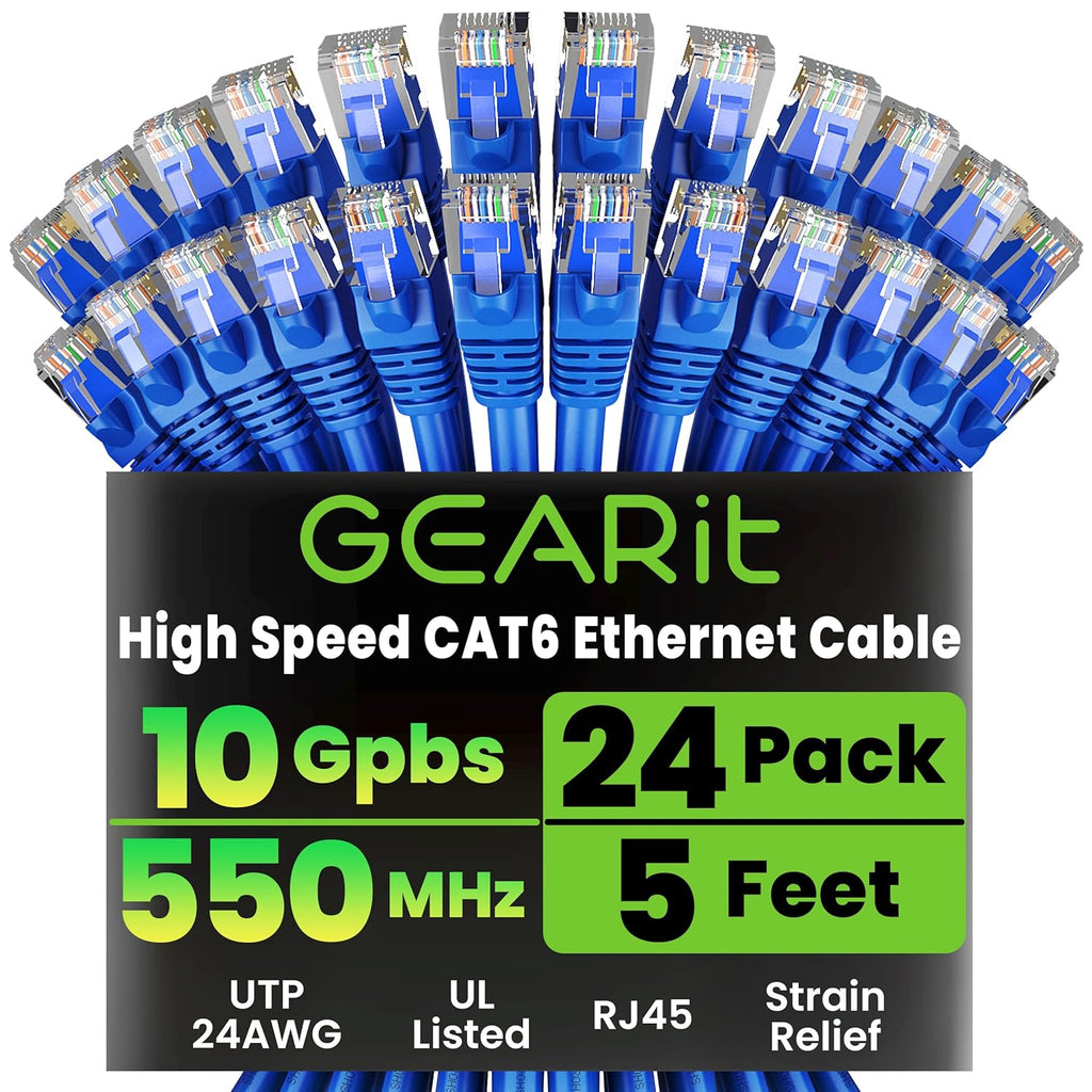GearIT Cat 6 Ethernet Cable Pack - 24-Pack 5 ft Cat6 Ethernet Patch Cables | RJ45 Network Patch Cable, 10 Gbps Snagless Gold-Plated Connectors - Ethernet Cable Cat 6 for PC, TV, Router - Blue