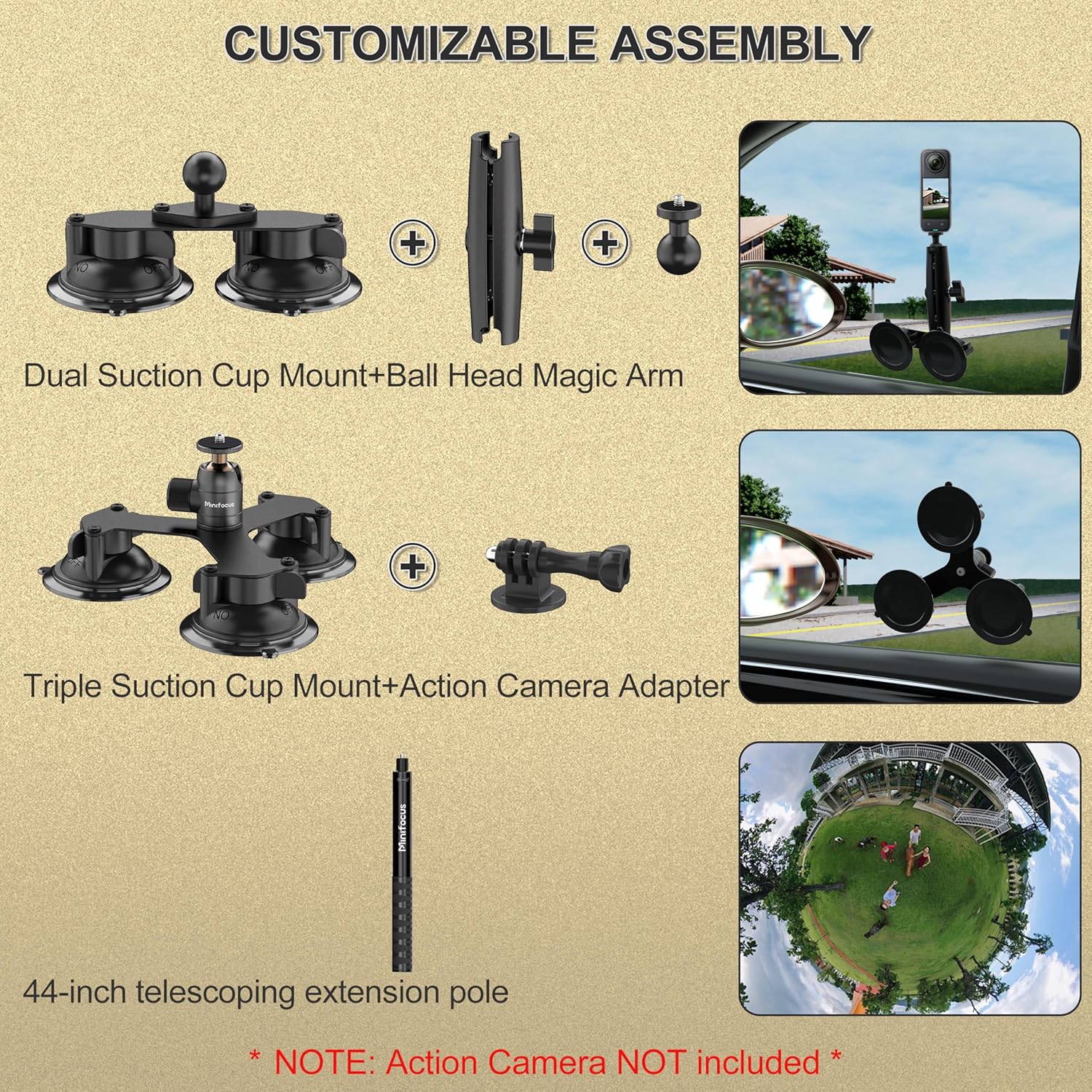 MINIFOCUS Suction Car Mount for Insta360 X5, X4, X3, 5 in 1 Suction Cup Camera Mount Kit with 2in1 Extension Pole, Compatible with Insta360 GoPro Action Camera(Includes 45inch Invisible Selfie Stick)