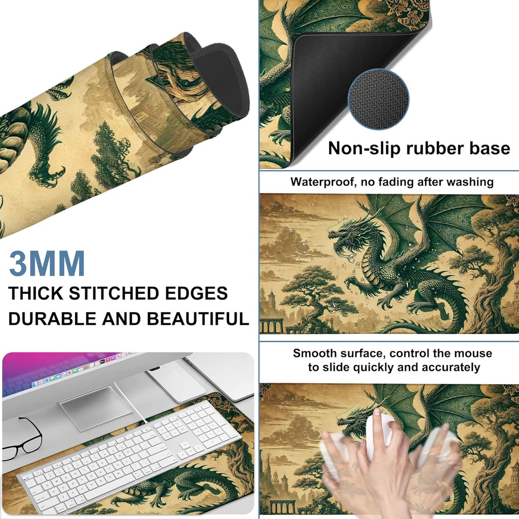 Vintage-Style Dragon Gaming Mouse Pad 3mm Thick Stitched Edge Waterproof Non-Slip Large Computer Keyboard Mouse Mat,Suitable for Office Entertainment Decorative Desk Pad 35.4 x 15.7 Inches