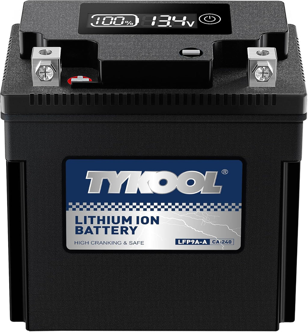 TYKOOL LFP9A-A,YB9-B,240CCA,3X Cranking Amps,LiFePO4 Lithium Motorcycle Battery,12V 4AH,Digital Readout,Fits for 125cc Benelli and Gilera,Triumph 750cc,Aprilia Sport City,Piaggio Typhoon Scooter