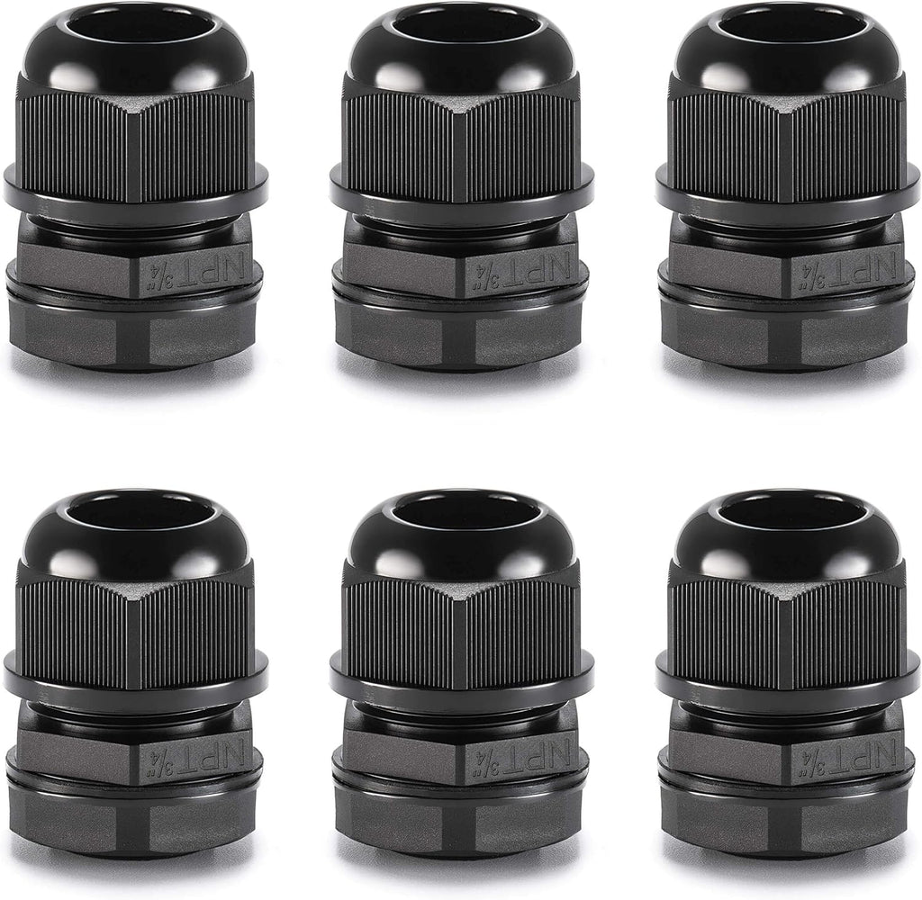 QILIPSU 6pcs 3/4" NPT Cable Gland Waterproof IP68 Nylon Cable Pass Through Cord Grip Connector Strain Relief Wire Grommet