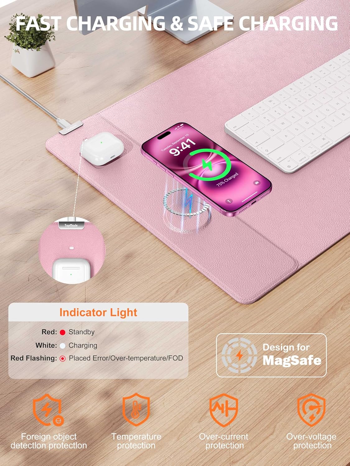TopMade Mouse Pad with 15W Wireless Charging, XXL Large Leather Desk Mat, Waterproof Gaming Mousepad Home Office Desk Pad Protector, Computer Keyboard Pad, Mouse Mat for for MacBook, PC, Laptop, Pink