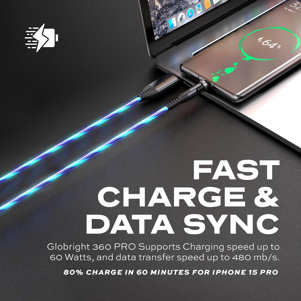 Statik 360 Pro Magnetic Charging Cable - Type C Charger Fast Charging 3 in 1 USB C to USB C Cable, Micro USB & iProduct Tips, USB A Adapter, Fits All Devices - 100W Fast Charger, GloBright 6FT/2M