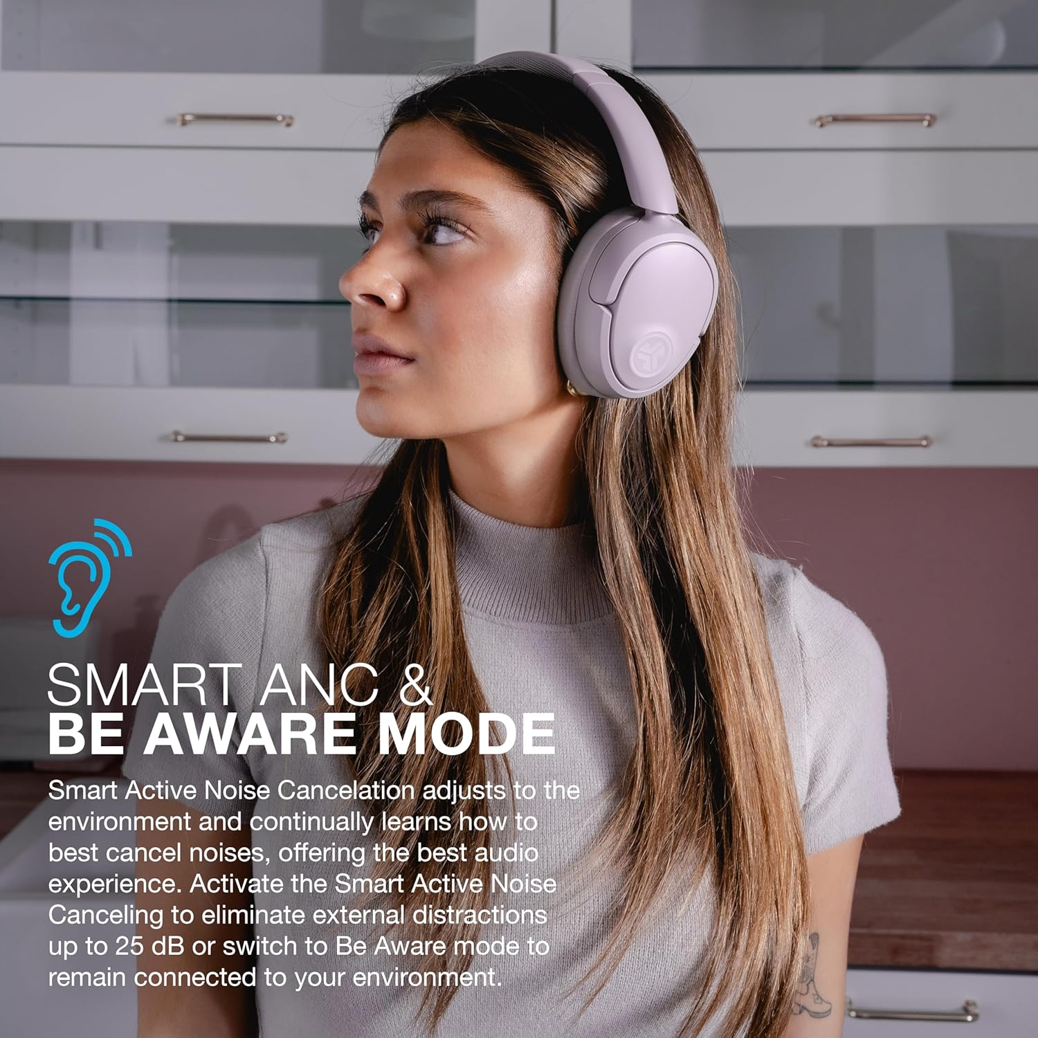 JLab JBuds Lux ANC Wireless Headphones, Mauve, Hybrid Active Noise Cancelling, Customizable Sound, Spatial Audio Compatible, Premium Over-Ear Bluetooth Headset