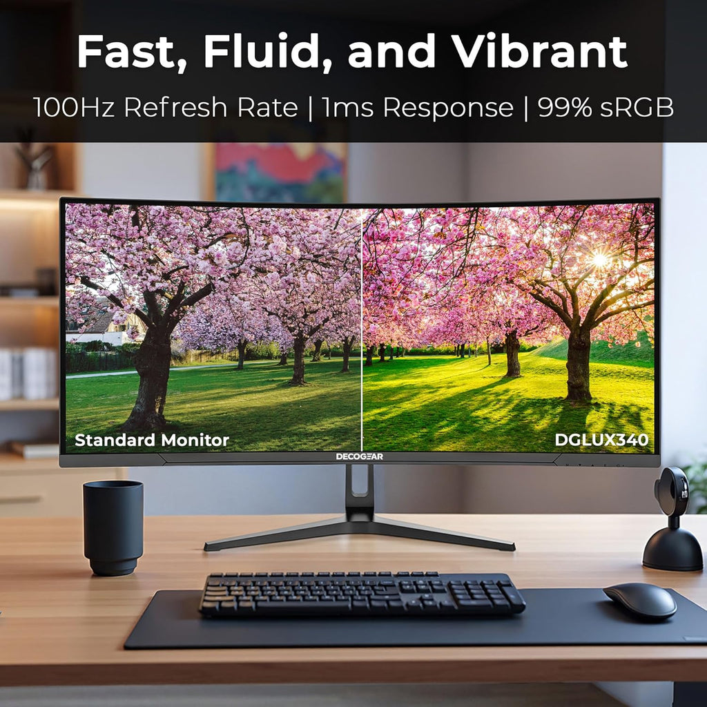 Deco Gear 34” Curved Ultrawide Business Monitor | 3440x1440, 100Hz, 1500R, 99% sRGB | Adjustable Stand, 2 HDMI and 2 DisplayPort | HDR, Low Blue Light, PIP/PBP